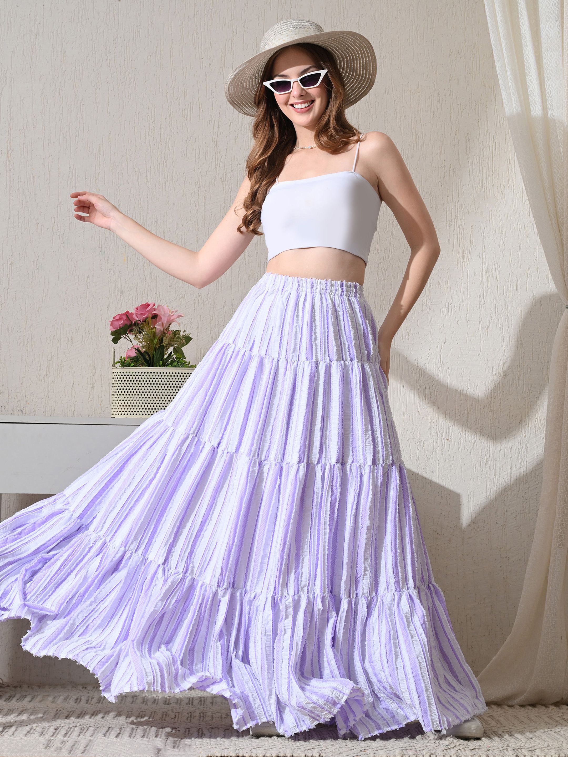 yanamora Women Striped Flared Purple, White Skirt-picture-13