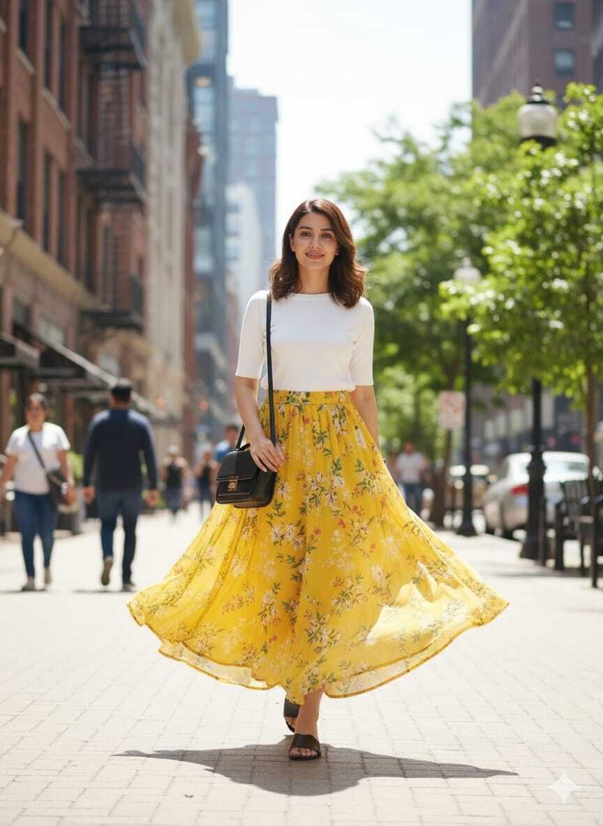 Women Floral Print Regular Yellow Skirt-image-12