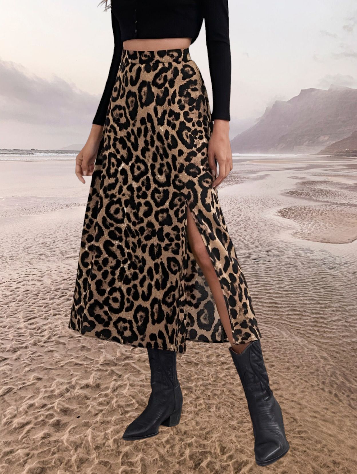 Women Animal Print Flared Black Skirt-image-46
