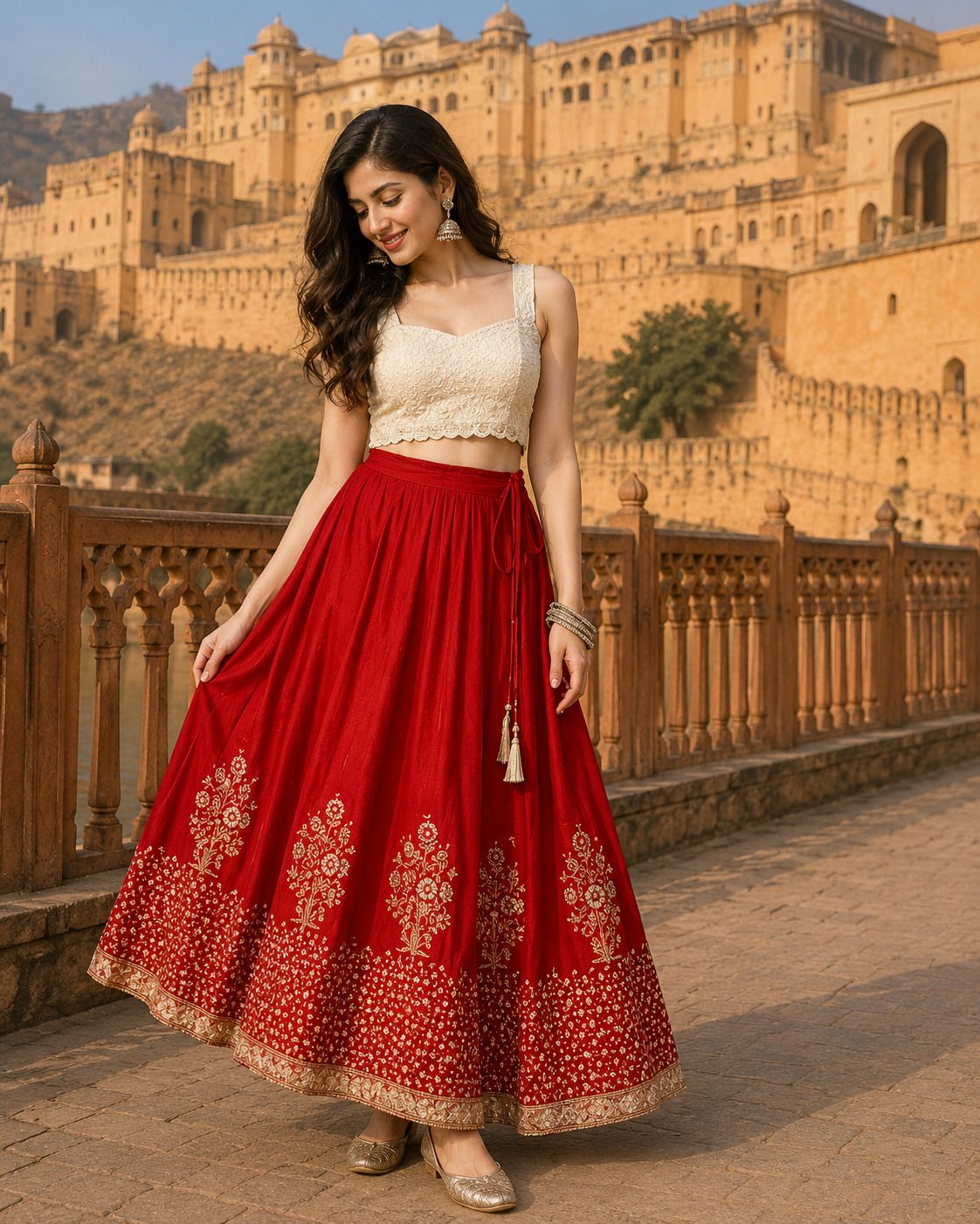 gravel grit Women Printed Flared Red Skirt-picture-15