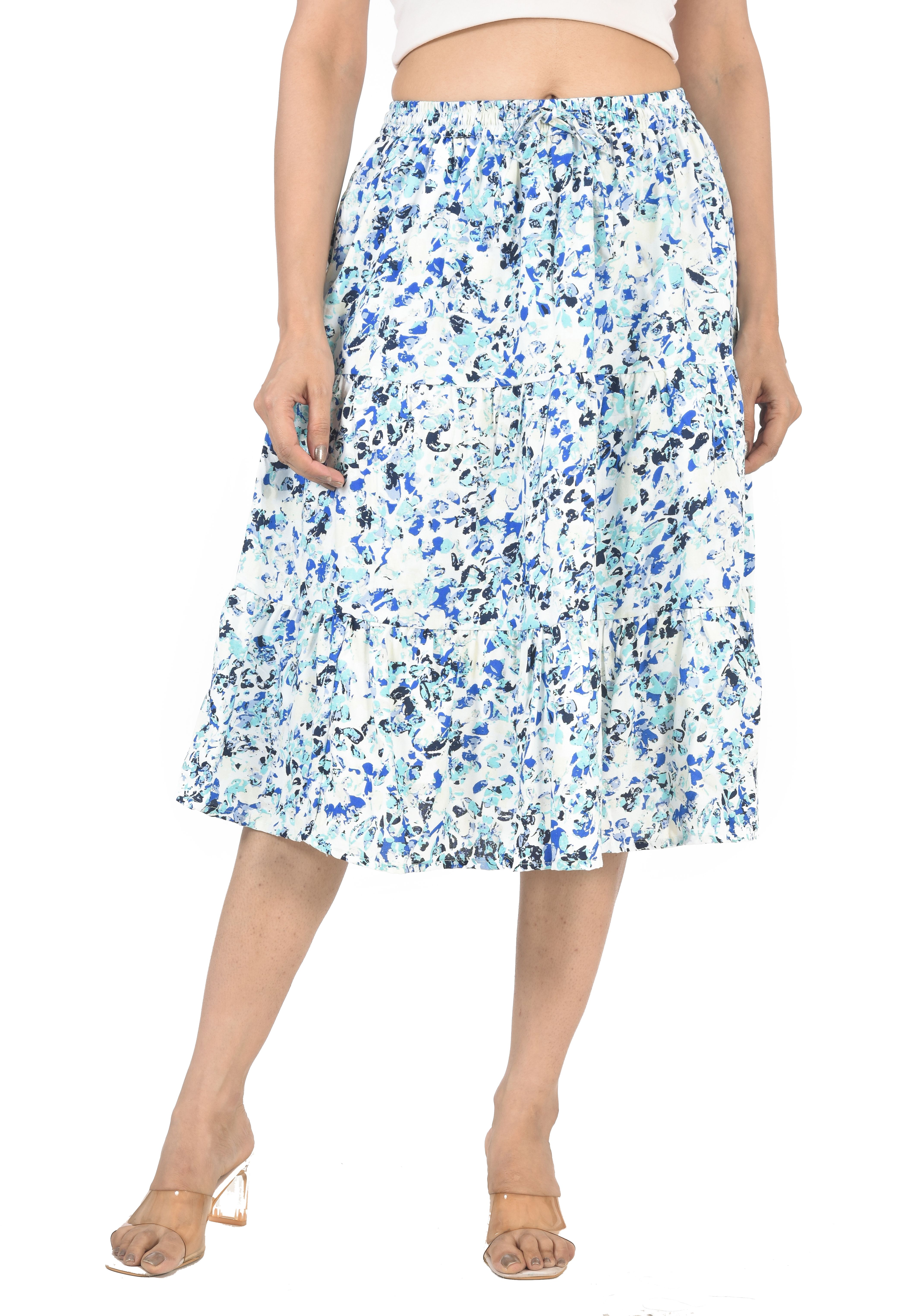cotton breeze Women Floral Print Tiered White, Blue Skirt-picture-25