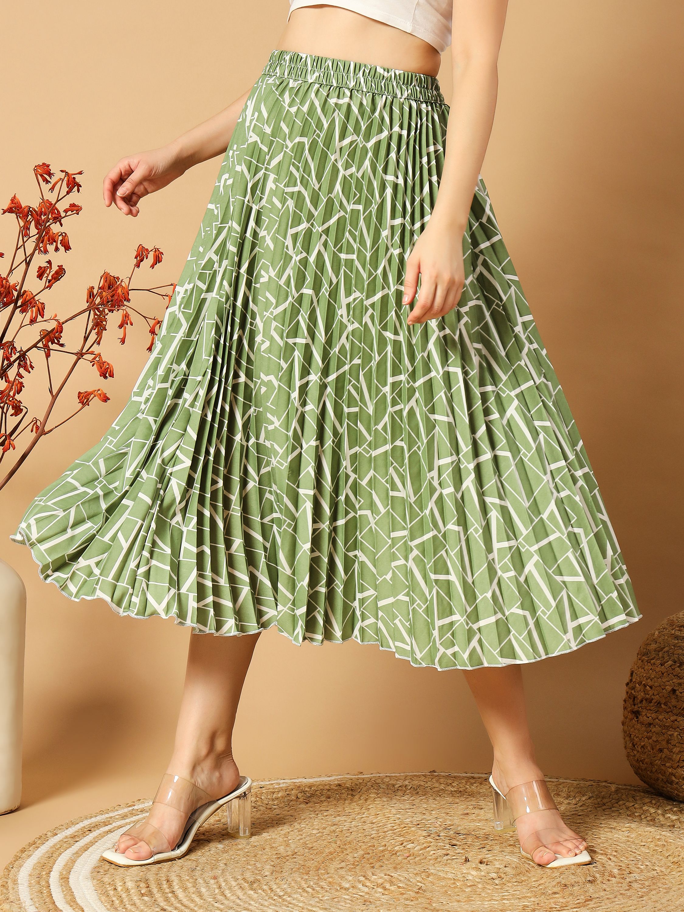 Women Abstract A-line Light Green Skirt