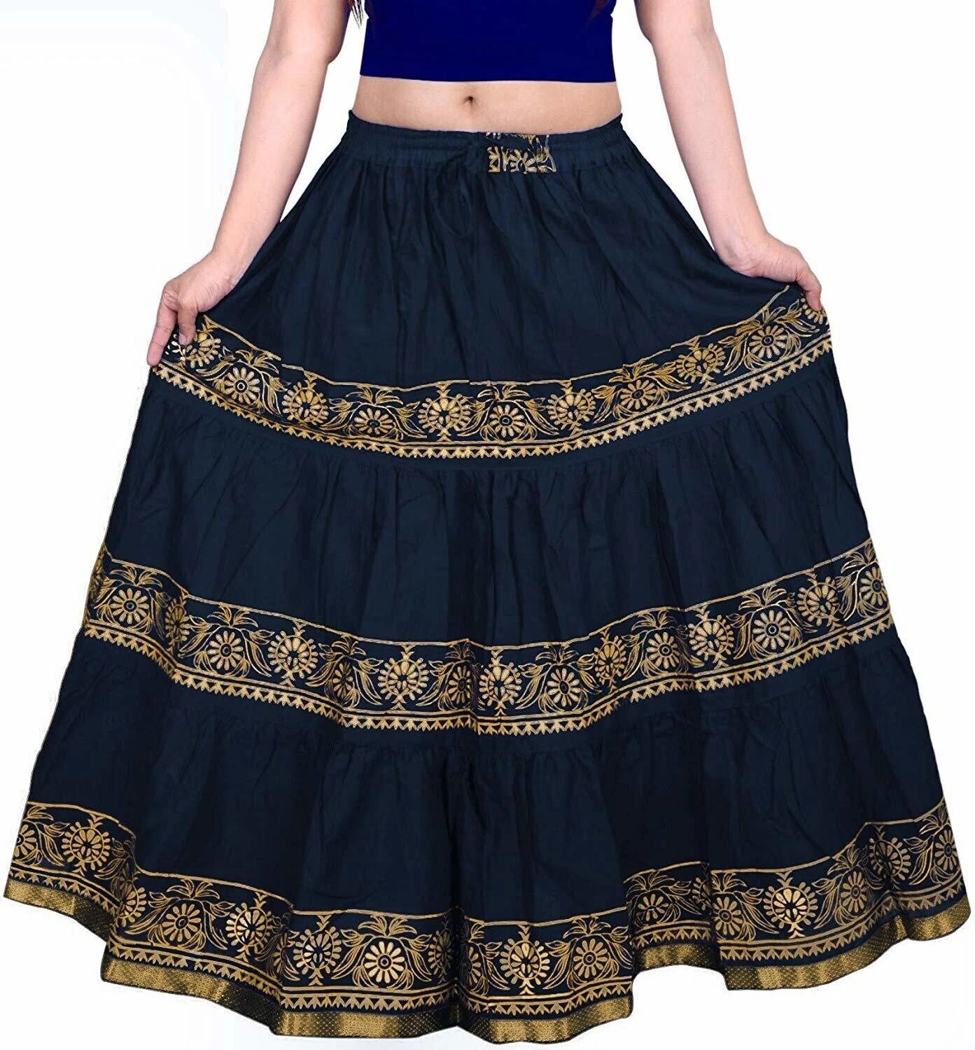 Women Printed Flared Dark Blue Skirt-image-32