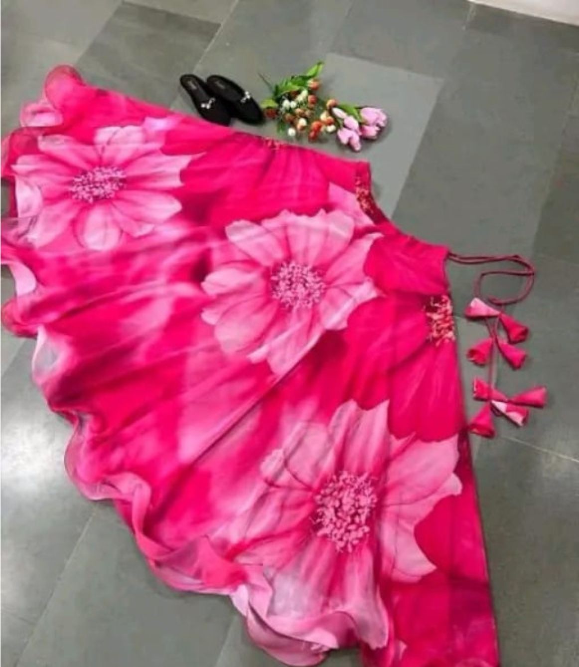 Women Floral Print Flared Pink Skirt-image-35