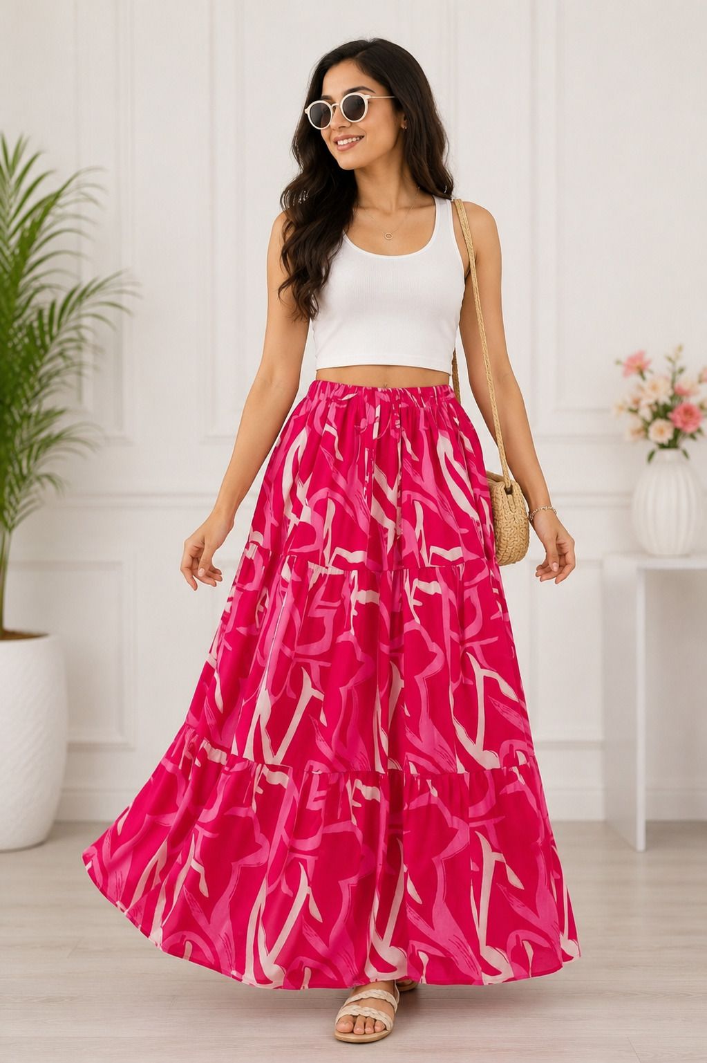 Women Printed Flared Pink Skirt-image-46