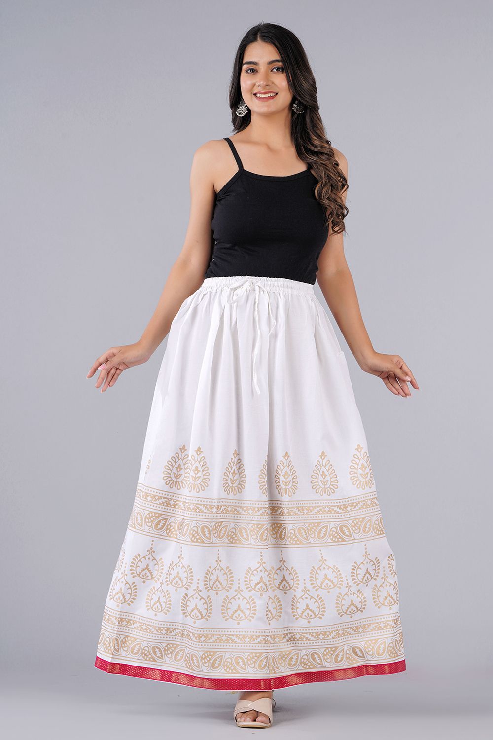 the fabtastics Women Printed Flared White, Gold Skirt-picture-27