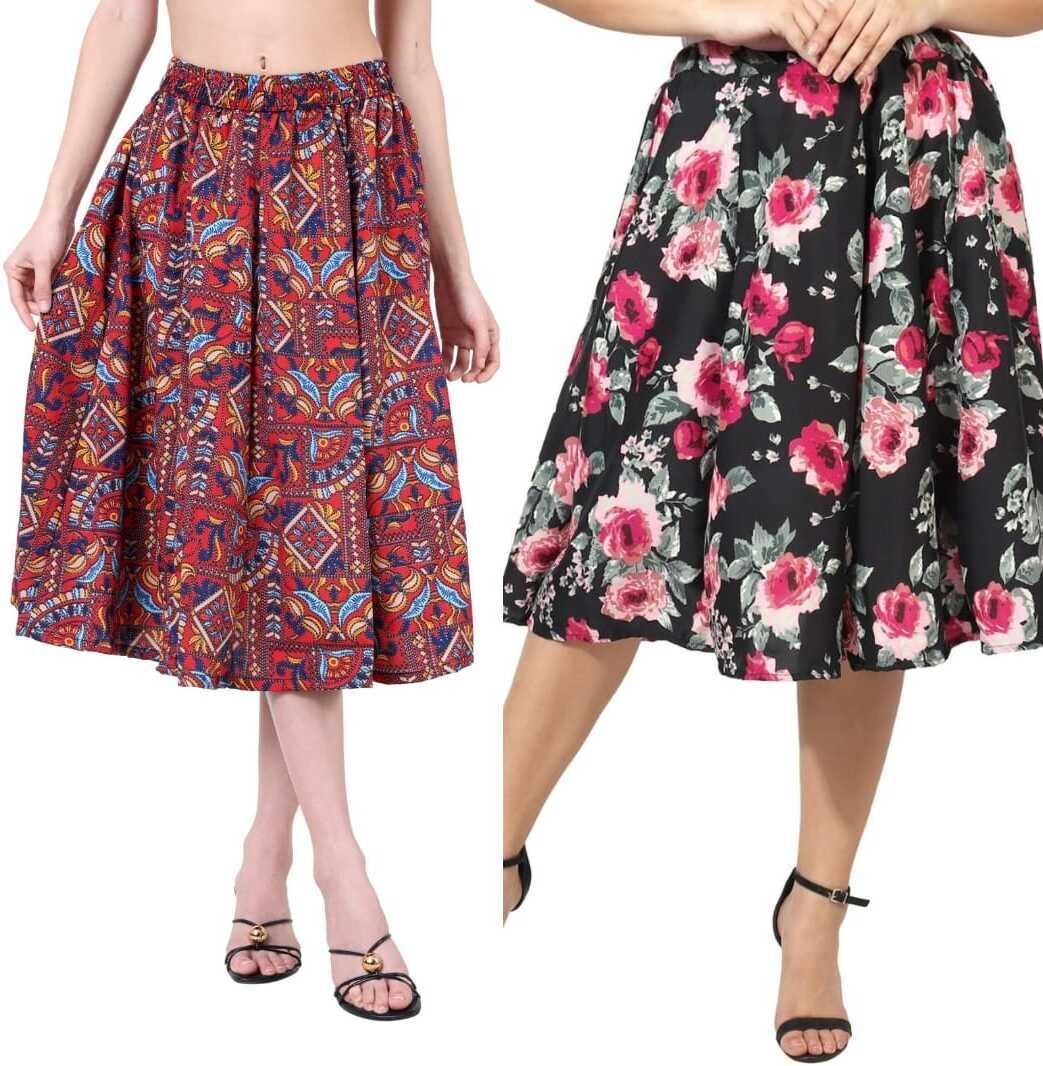 Women Printed A-line Black Skirt-image-6