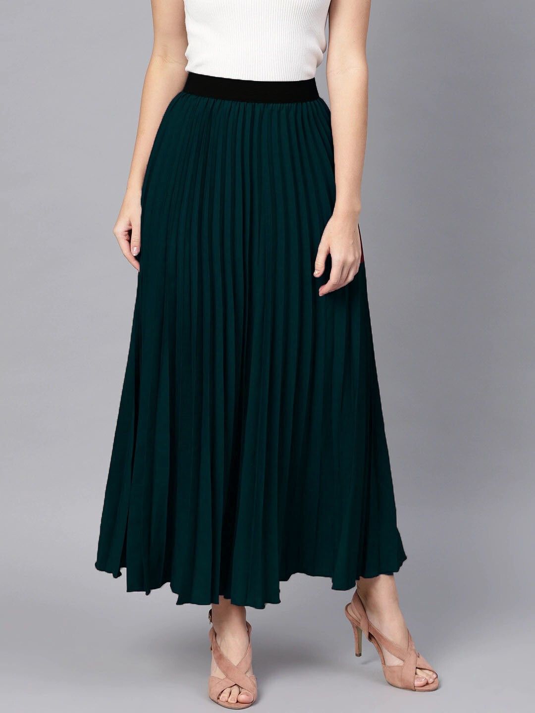 Women Solid Flared Green Skirt-image-28