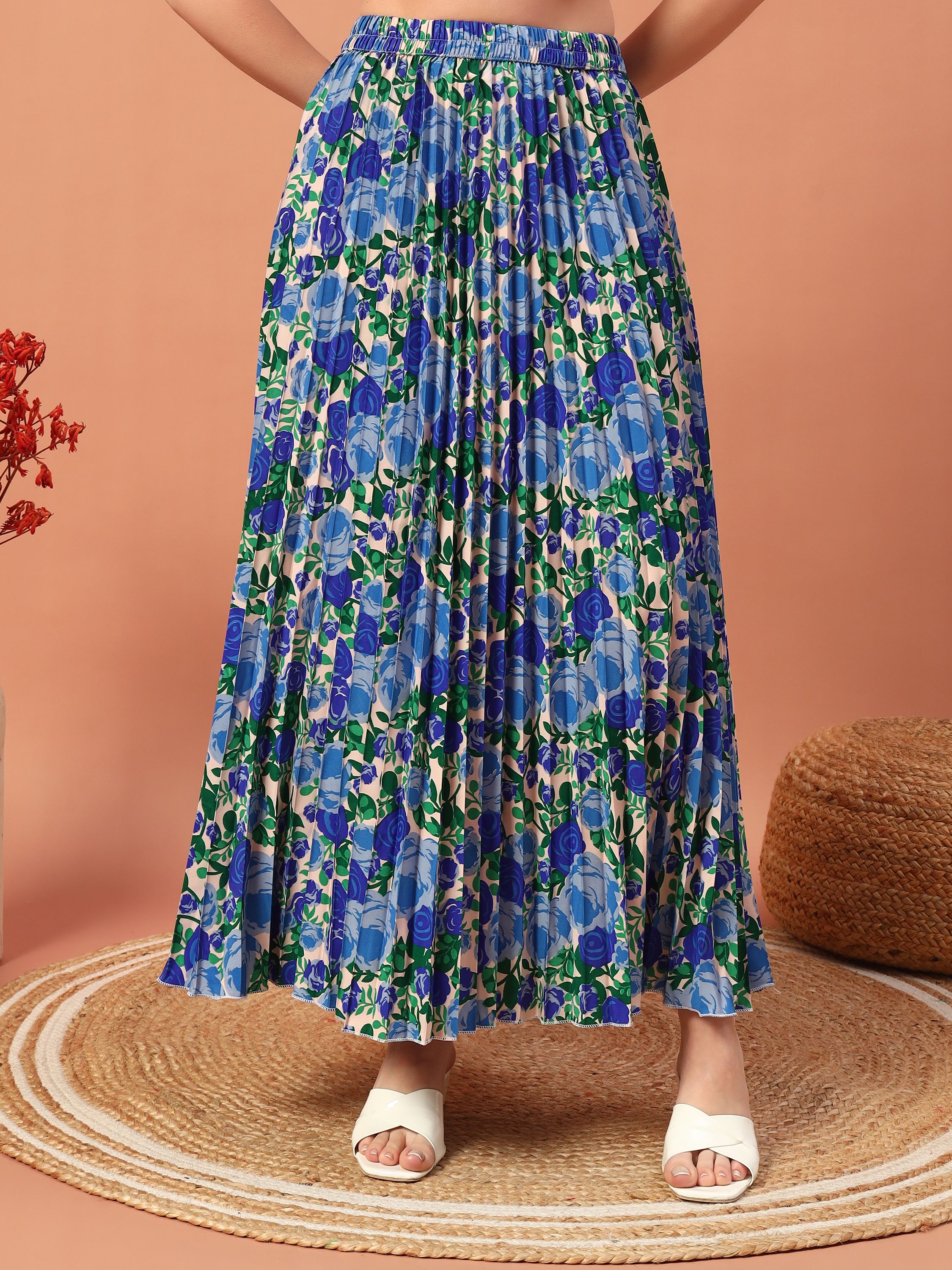 Women Floral Print A-line Blue Skirt