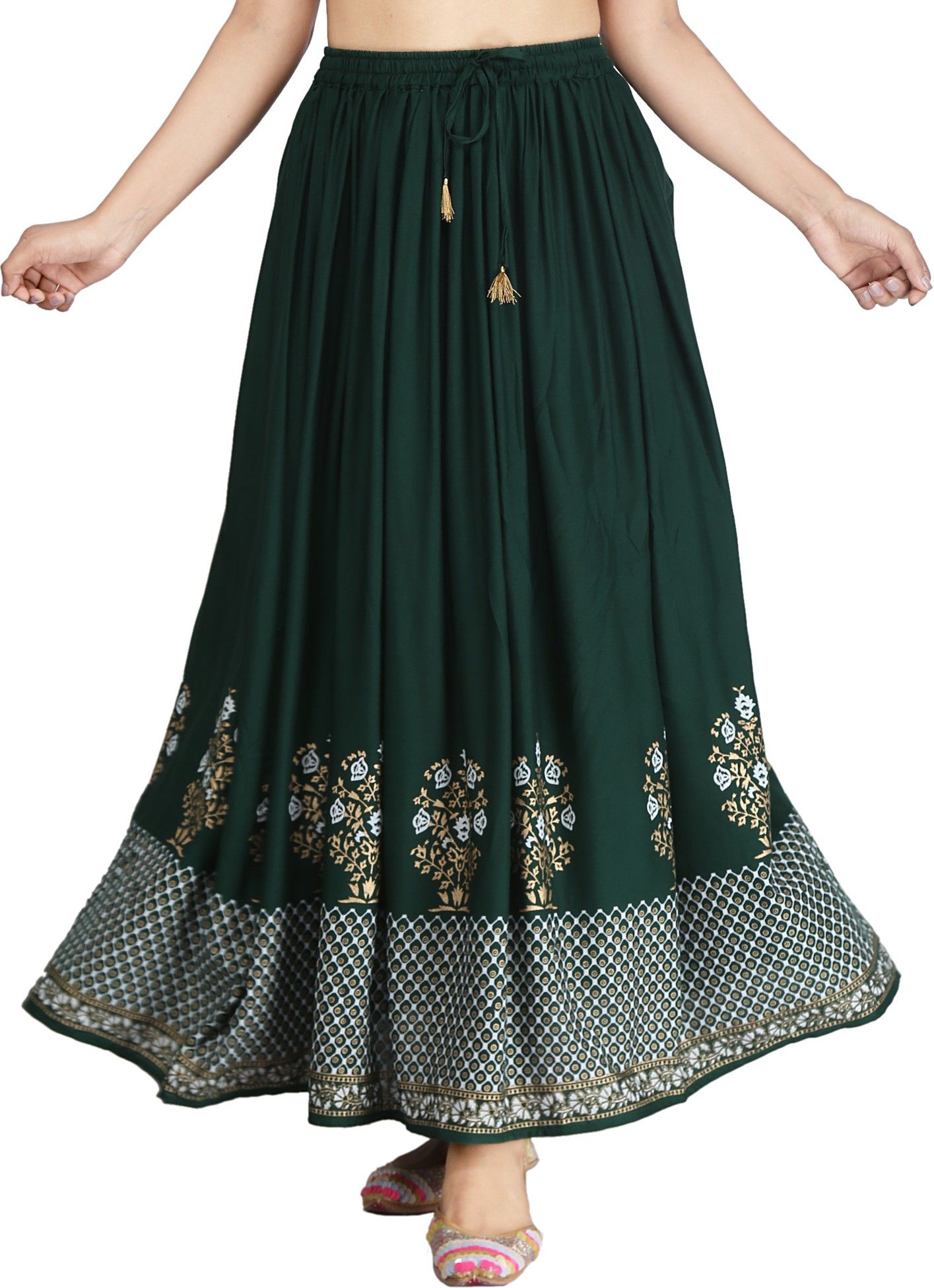 Women Printed Flared Green, White Skirt