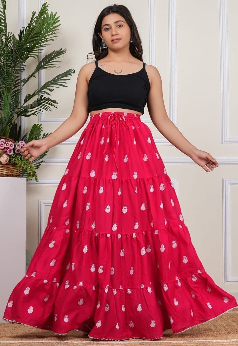 shree radhe garments Women Printed Tiered Pink Skirt-picture-21
