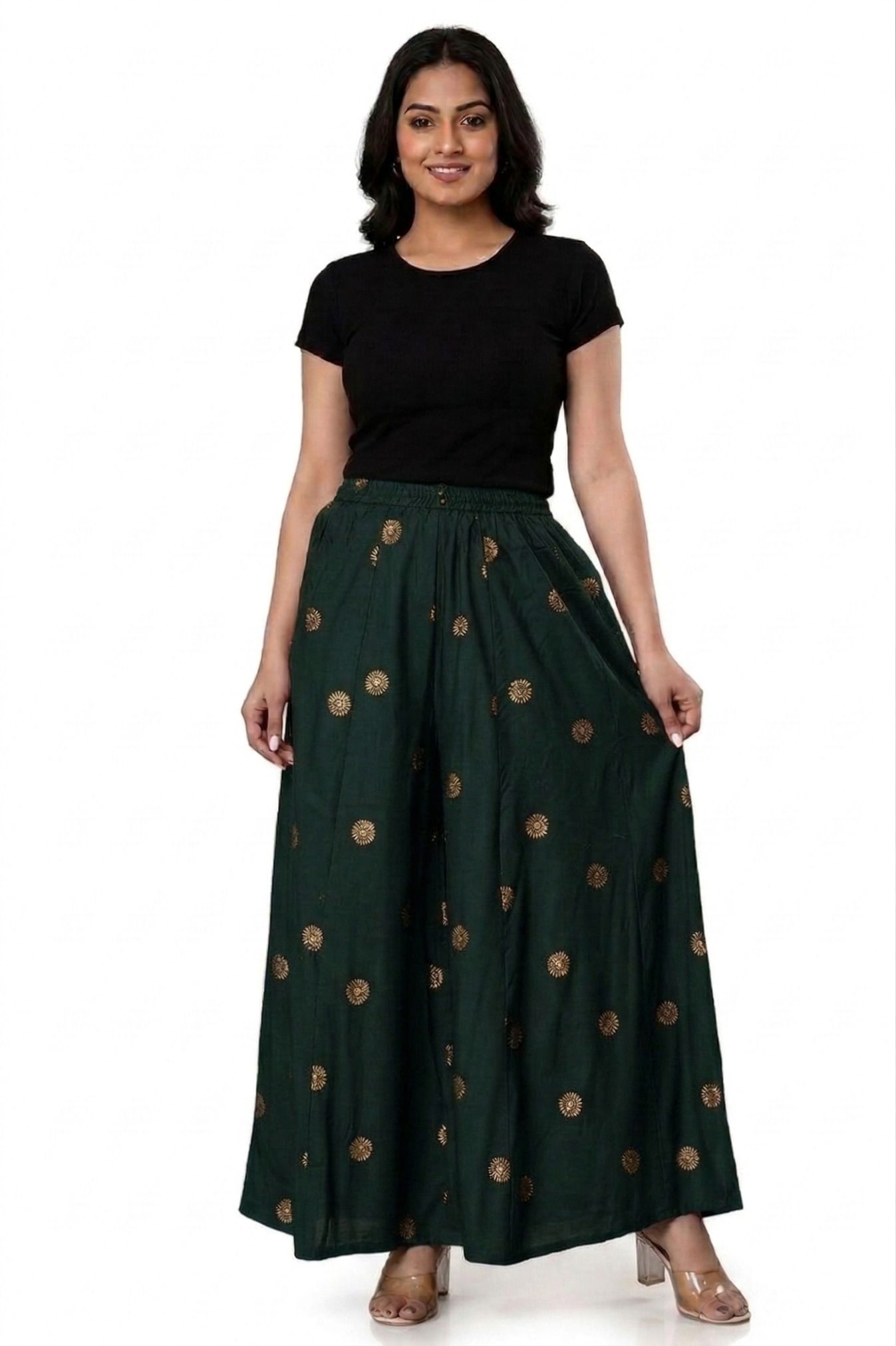 white tulips Women Flared Dark Green Viscose Rayon Trousers-picture-1