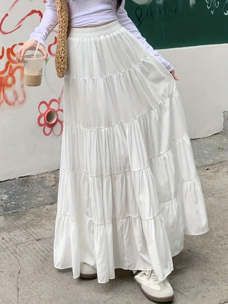 Women Solid Gathered White Skirt