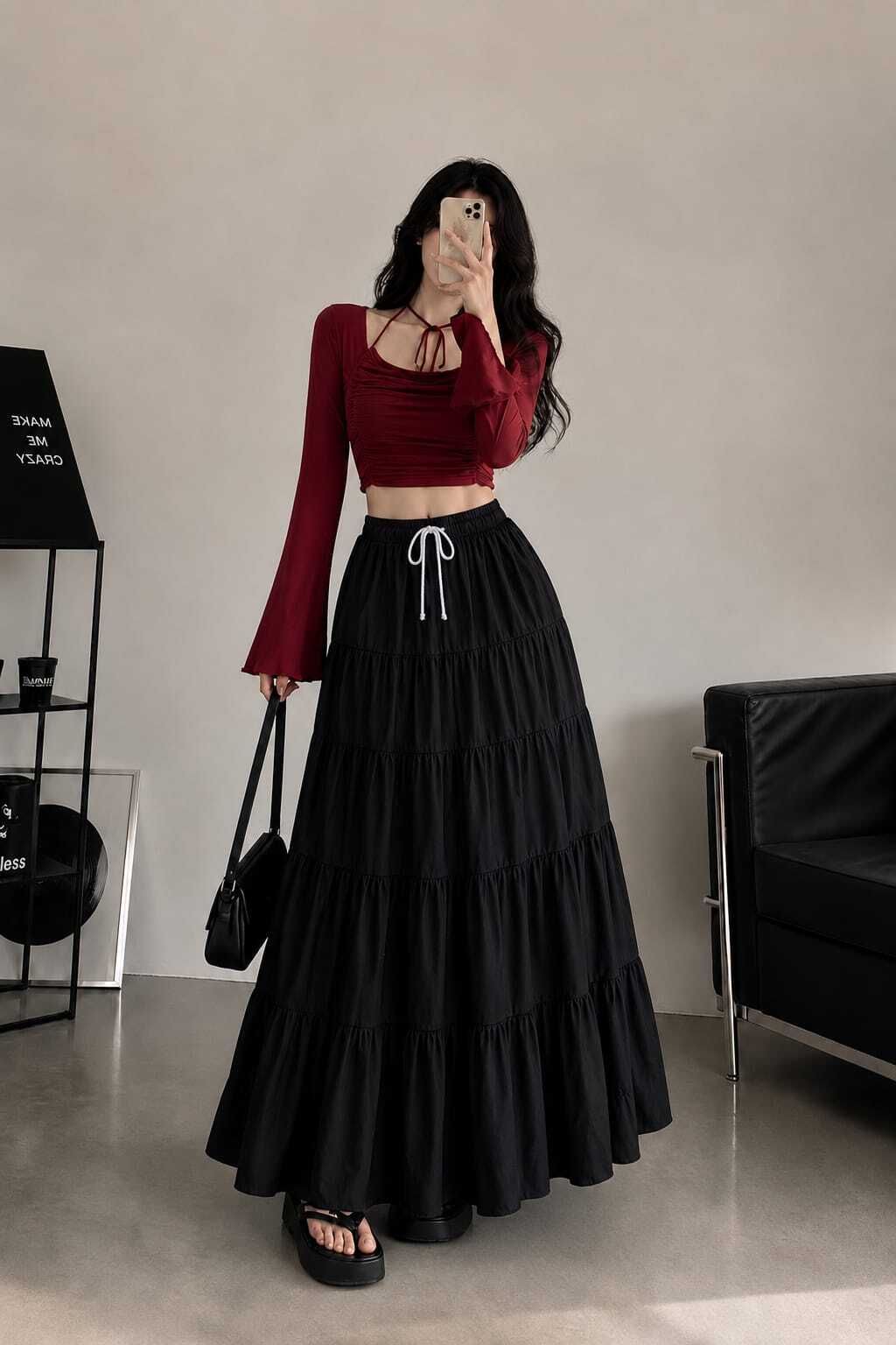 ruktions Women Solid Flared Black Skirt-picture-28