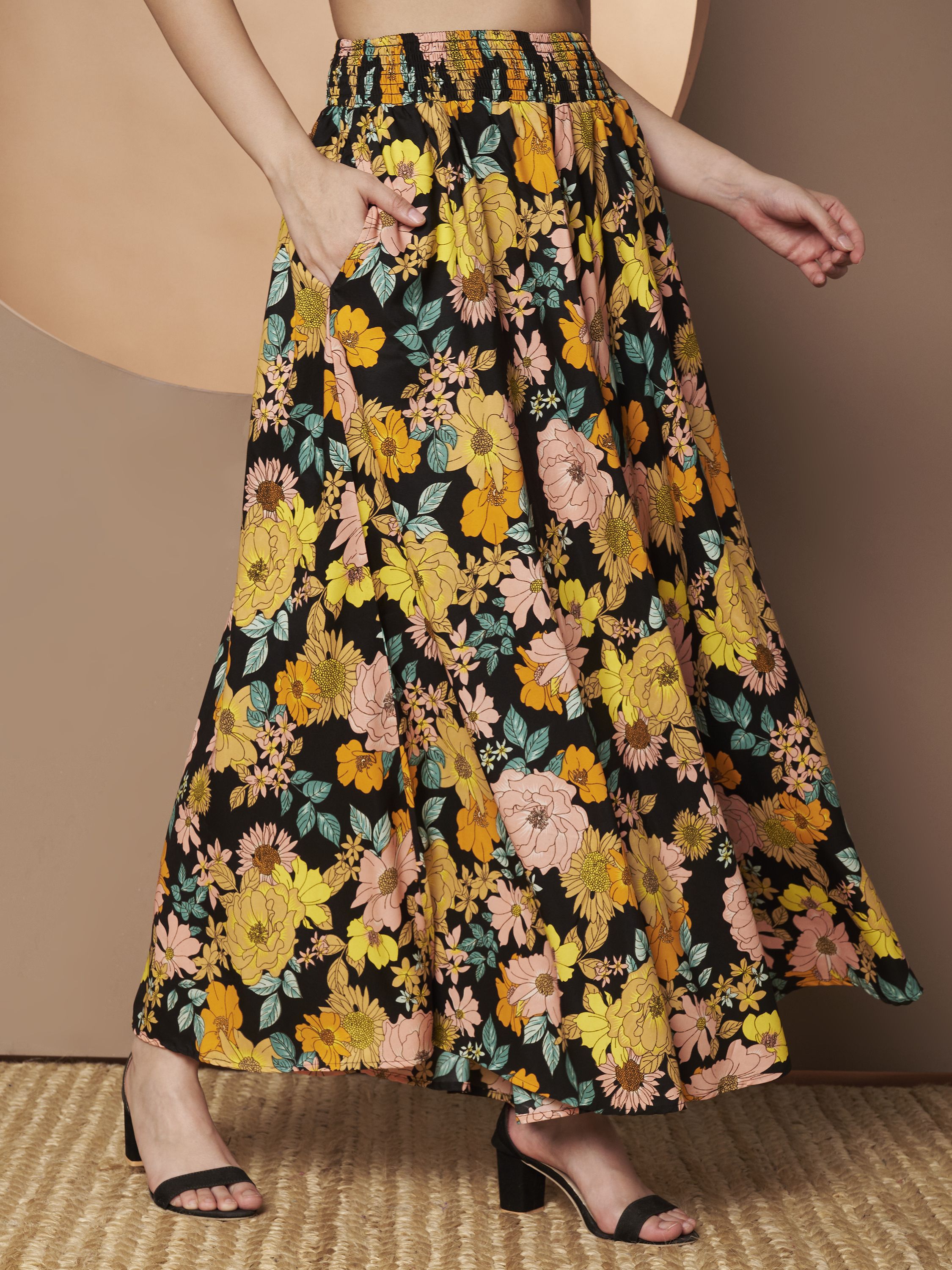 zwerlon Women Floral Print A-line Yellow, Pink Skirt-picture-11