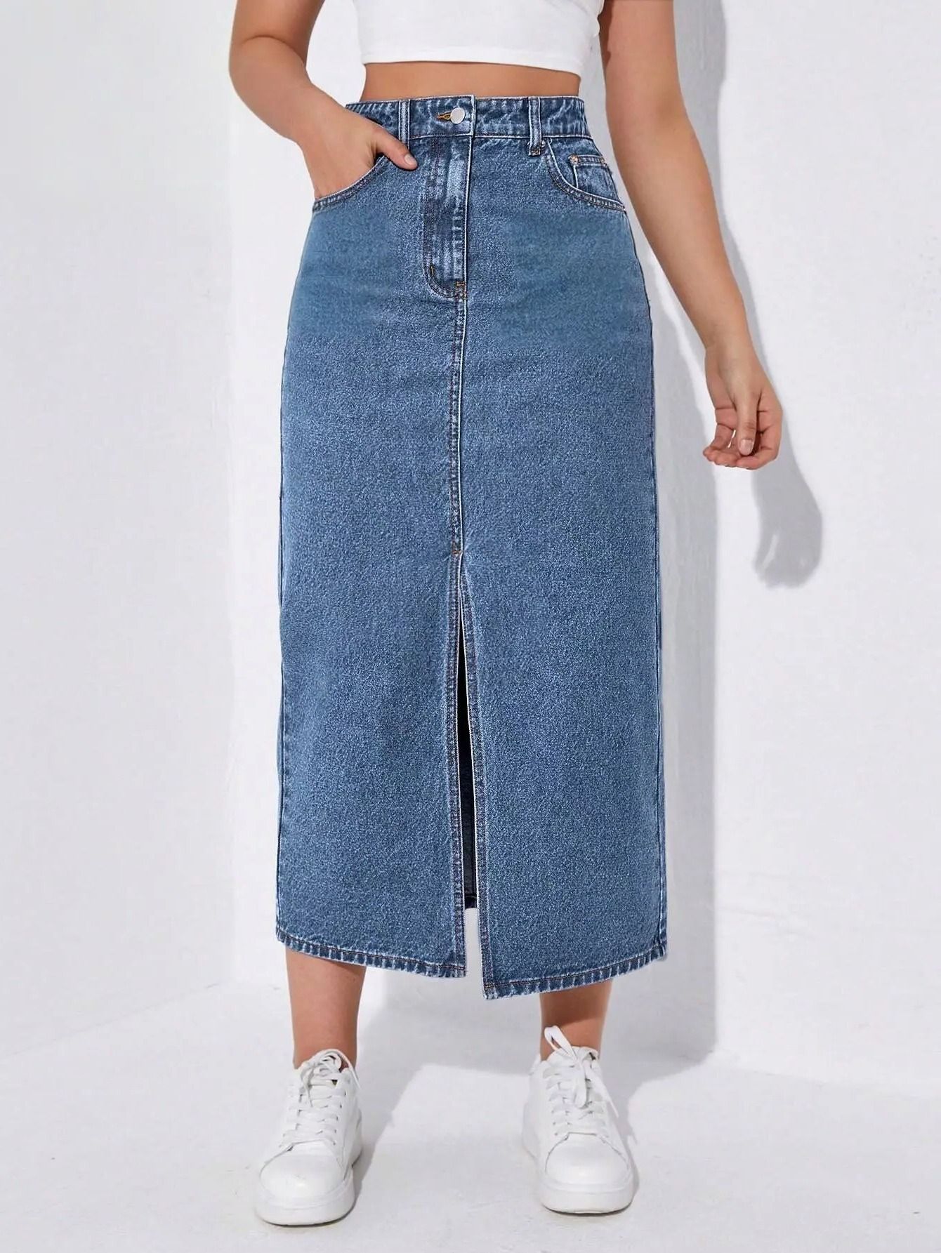 Women Solid Pencil Blue Skirt-image-8