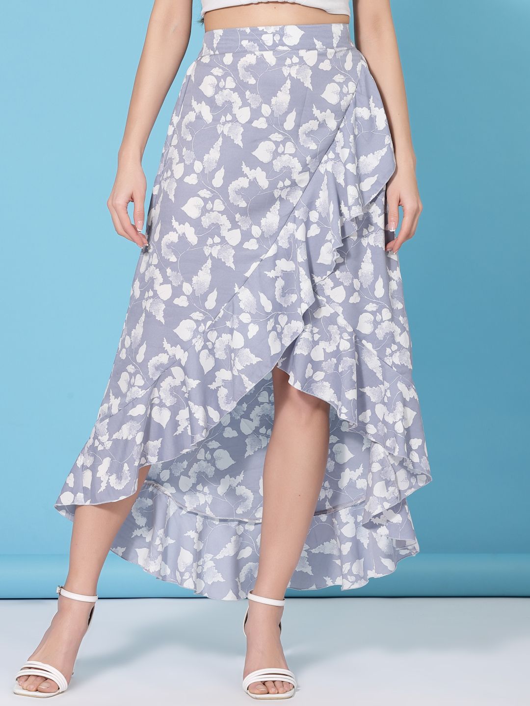 Women Floral Print Flared Grey Skirt-image-23