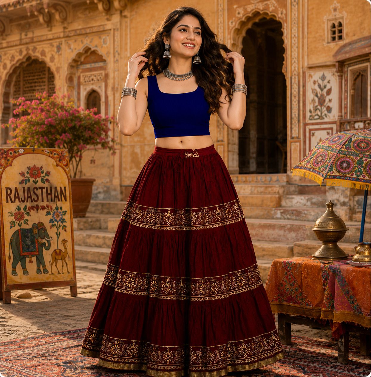 gravel grit Women Printed Flared Maroon Skirt-picture-29