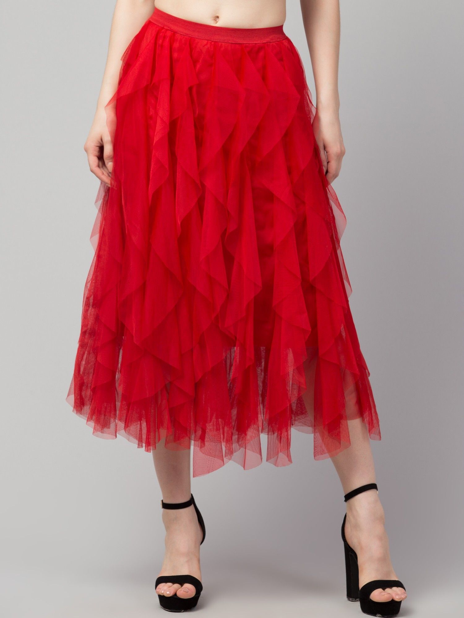 urban streetwear Women Solid Flared Red Skirt-picture-12