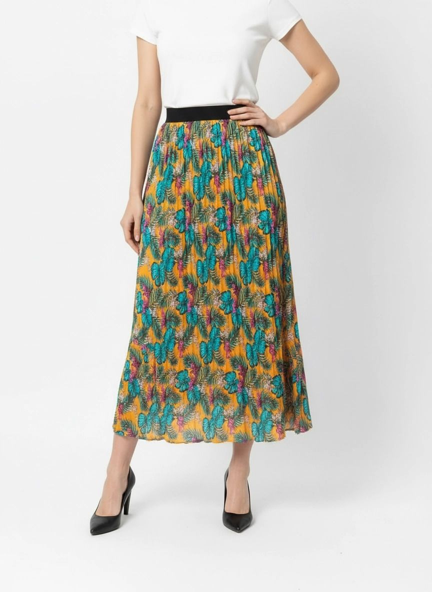 emeros Women Floral Print Pleated Yellow Skirt-picture-7