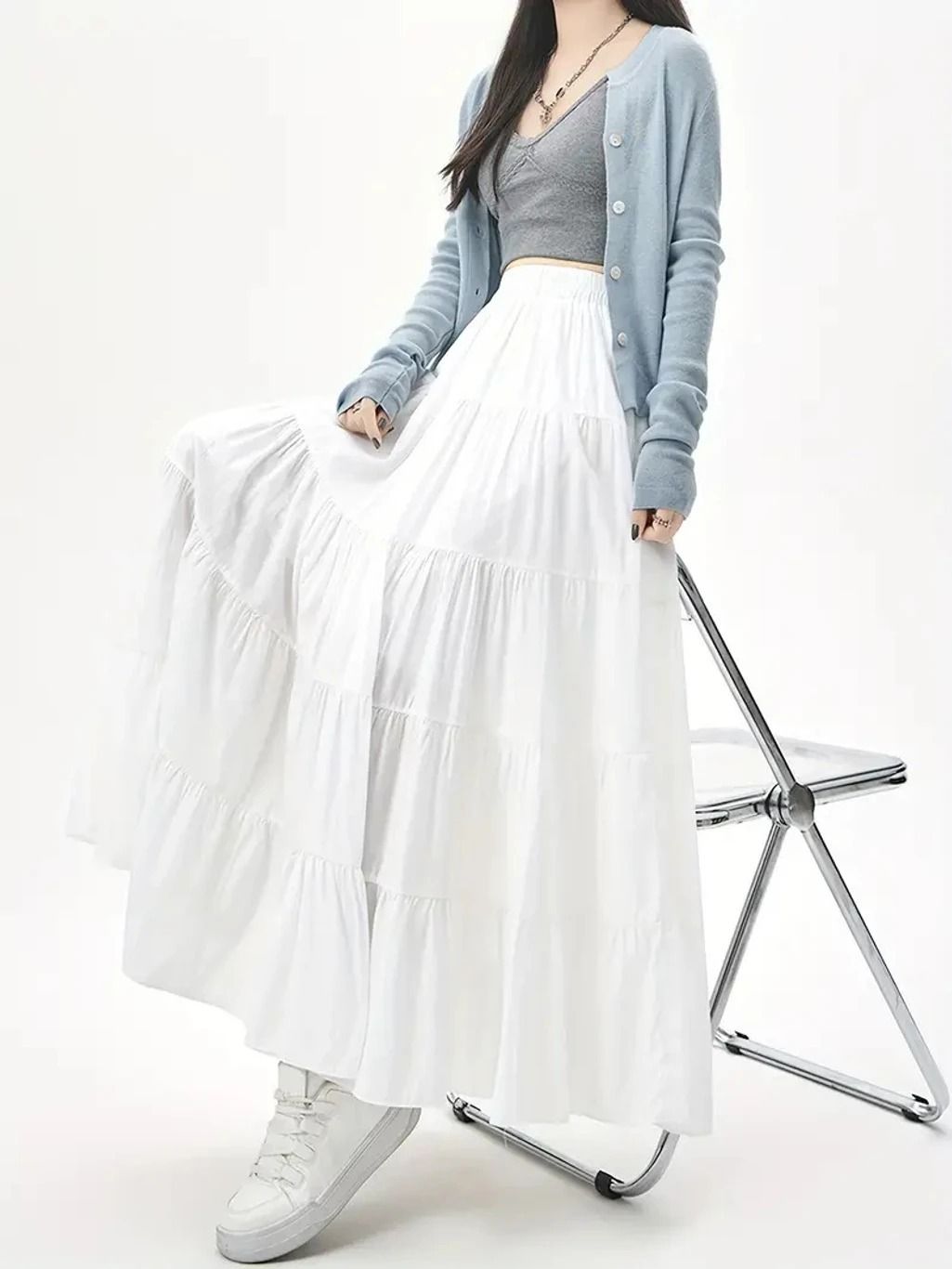 Women Solid Flared White Skirt-image-42