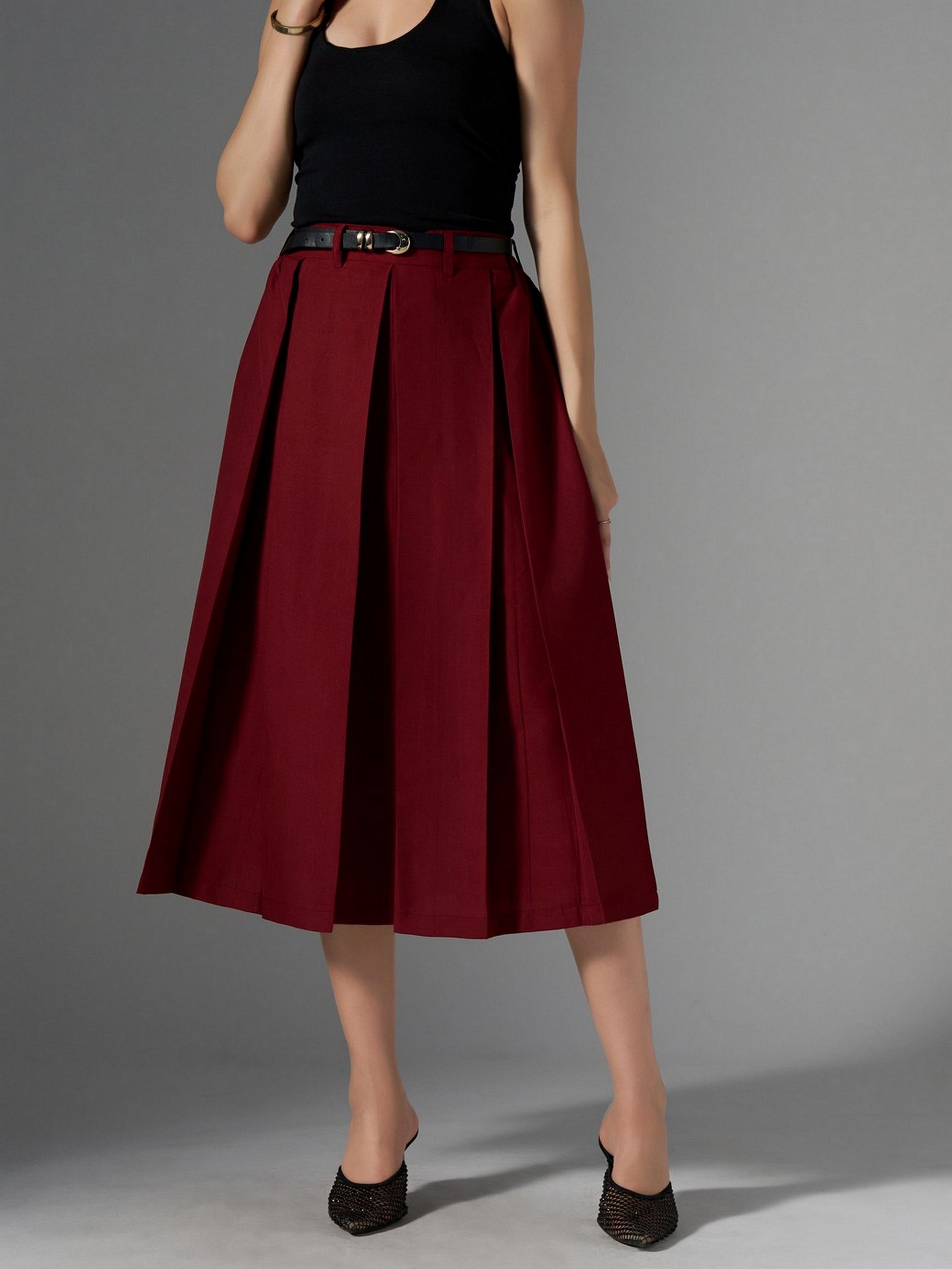 Women Solid Flared Maroon Skirt-image-20