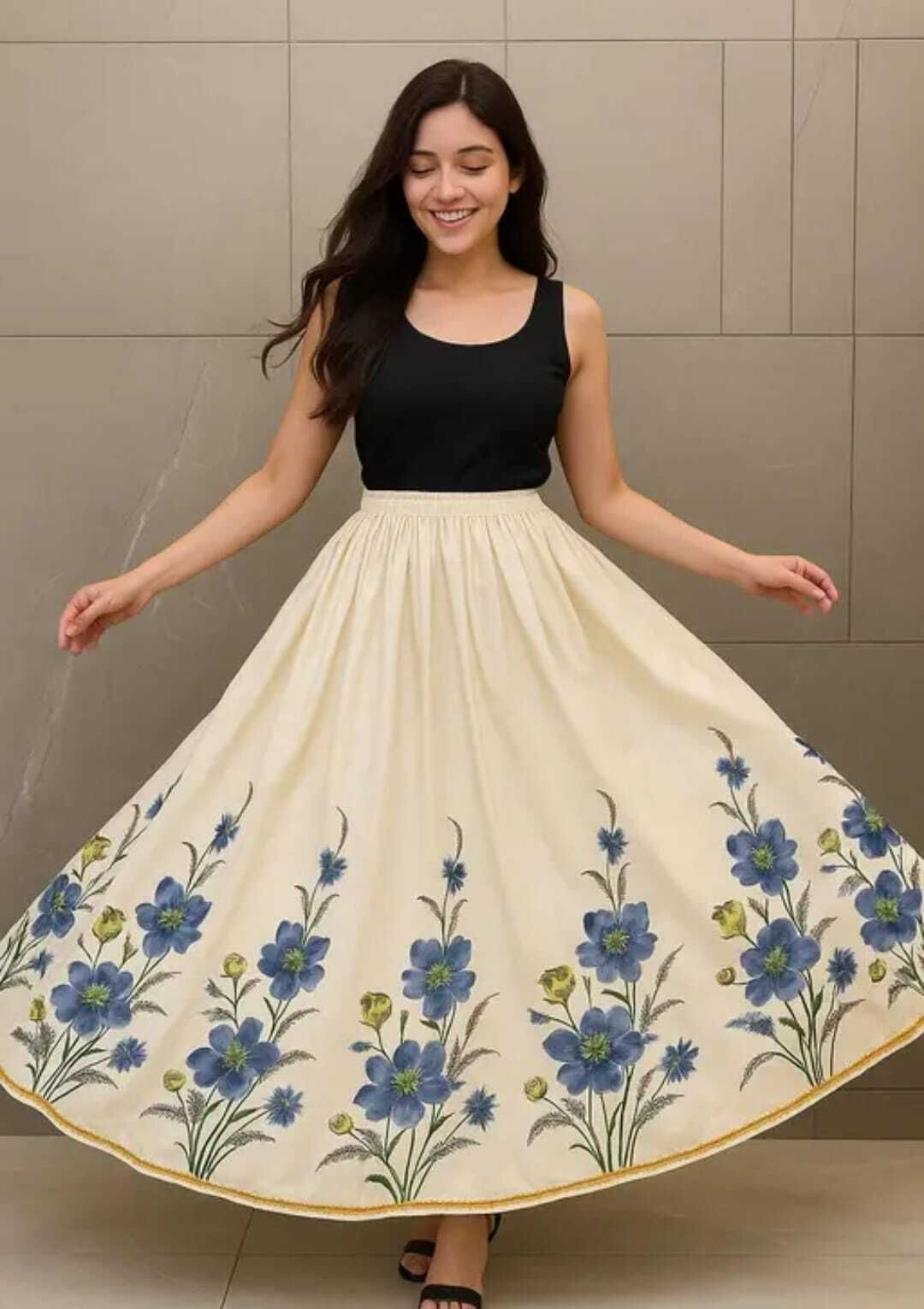 Women Floral Print Flared Beige Skirt-image-23