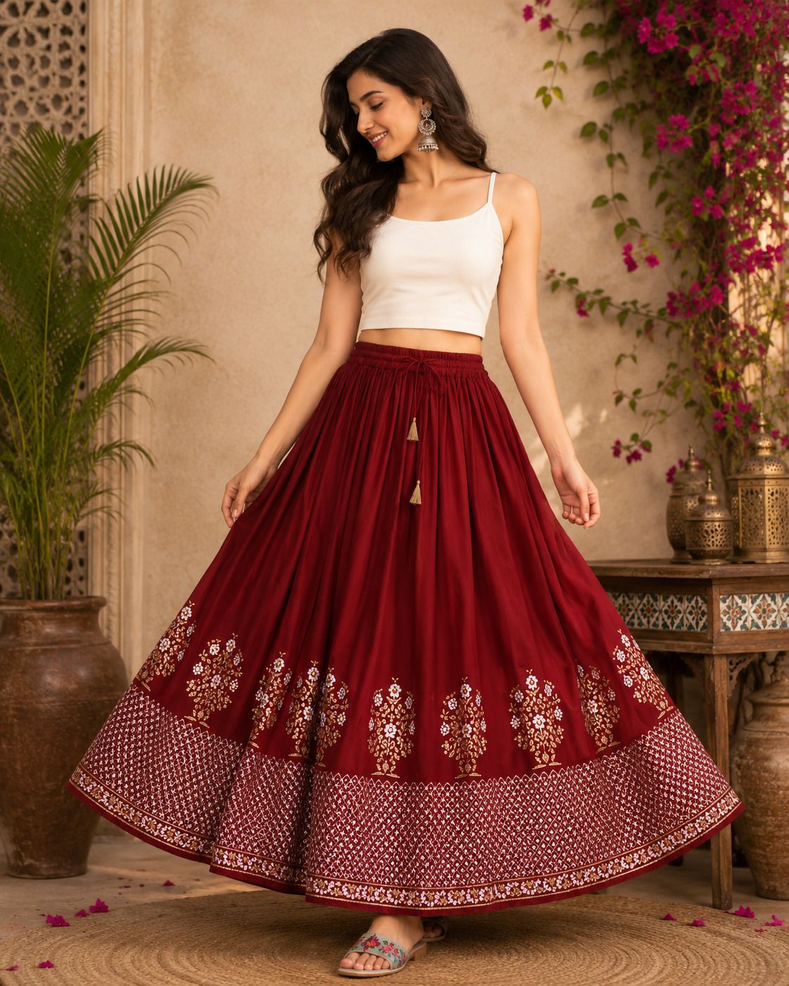 roohstyle Women Printed Flared Maroon Skirt-picture-10