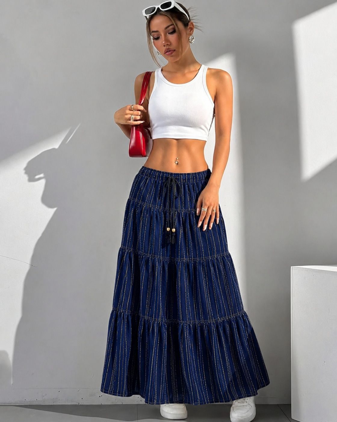 kaish Women Striped Flared Dark Blue, Silver Skirt-picture-0