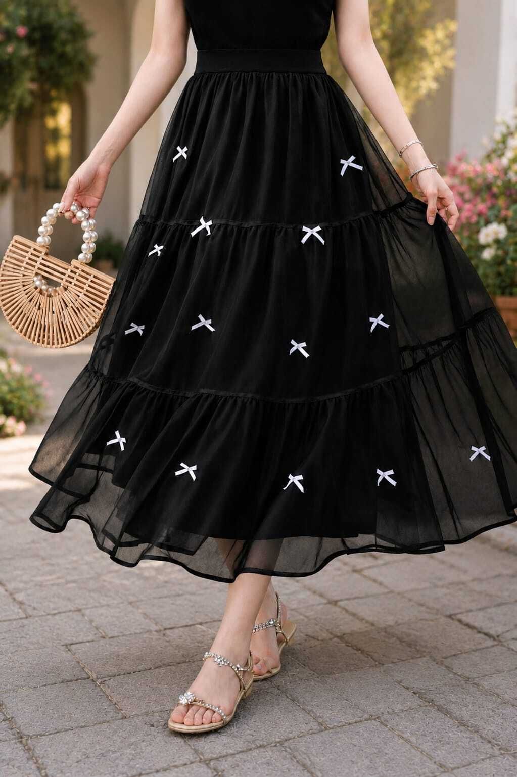 Women Printed, Self Design Gathered Black Skirt-image-12
