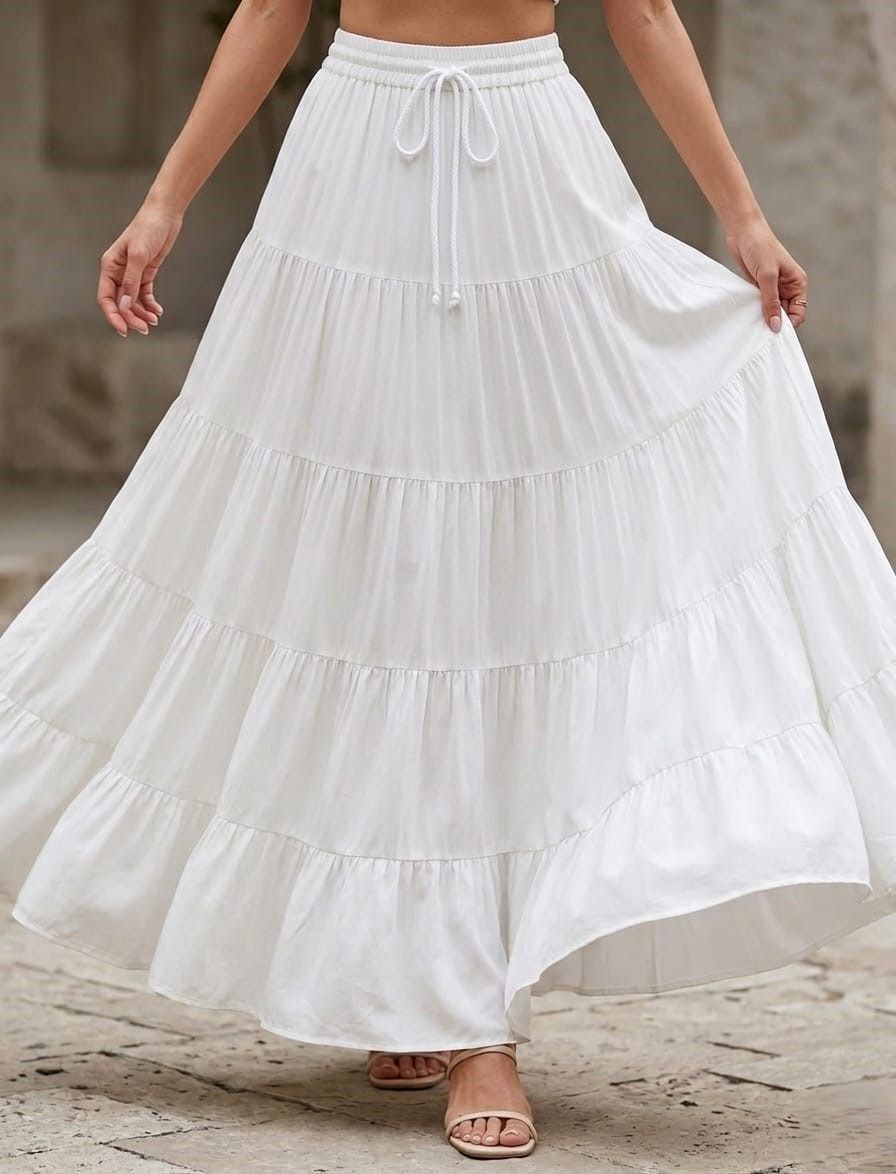 Women Solid Gathered White Skirt-image-2