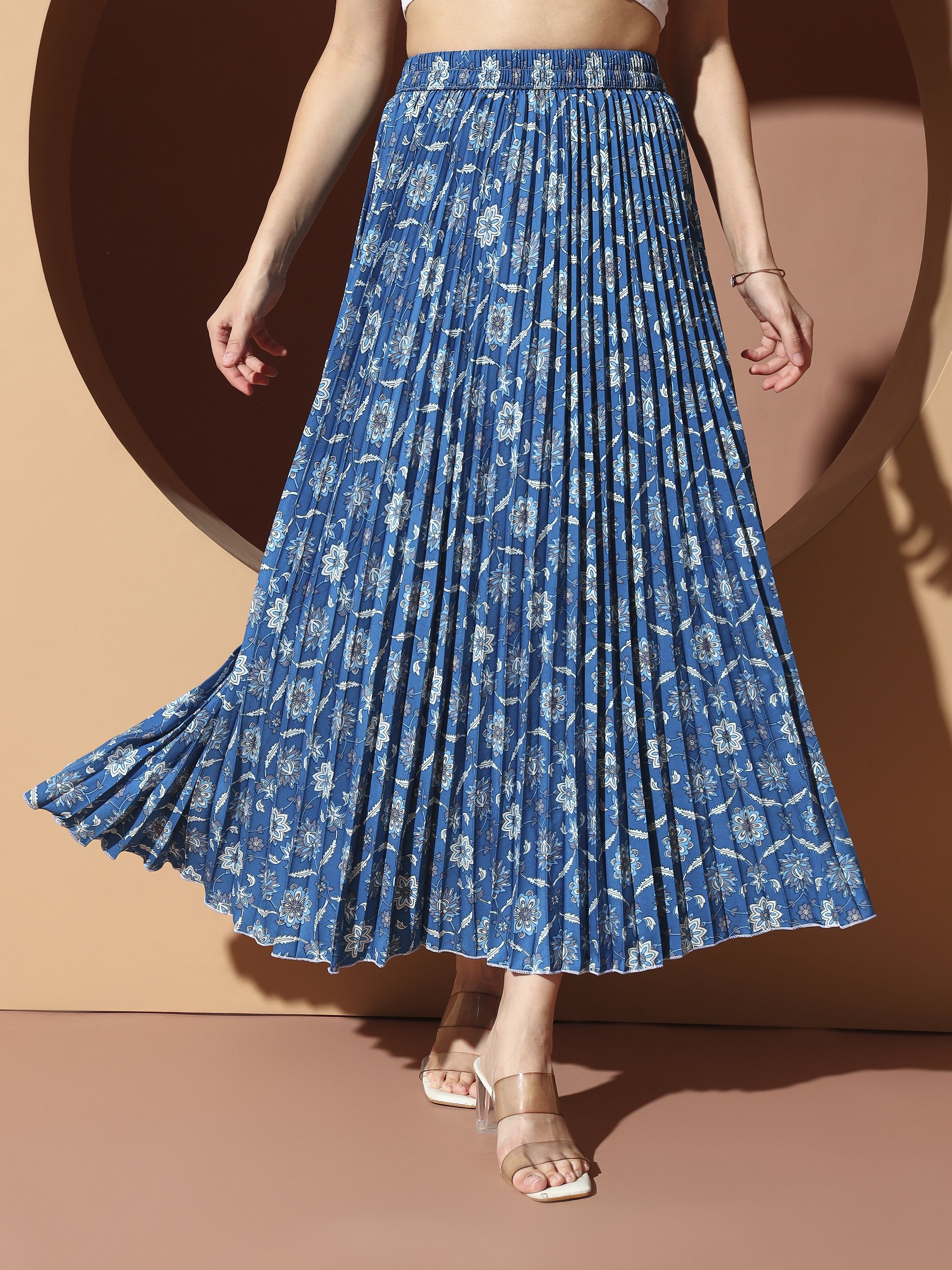 Women Printed Pleated Blue Skirt
