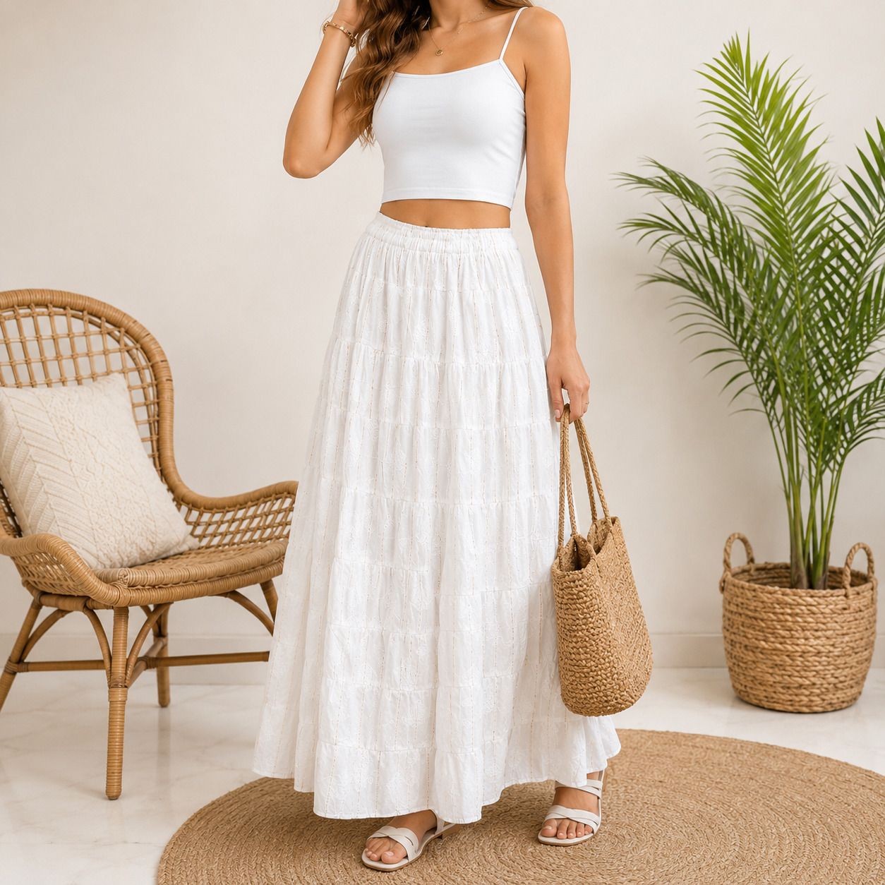 Women Embroidered, Floral Print A-line White Skirt-image-2