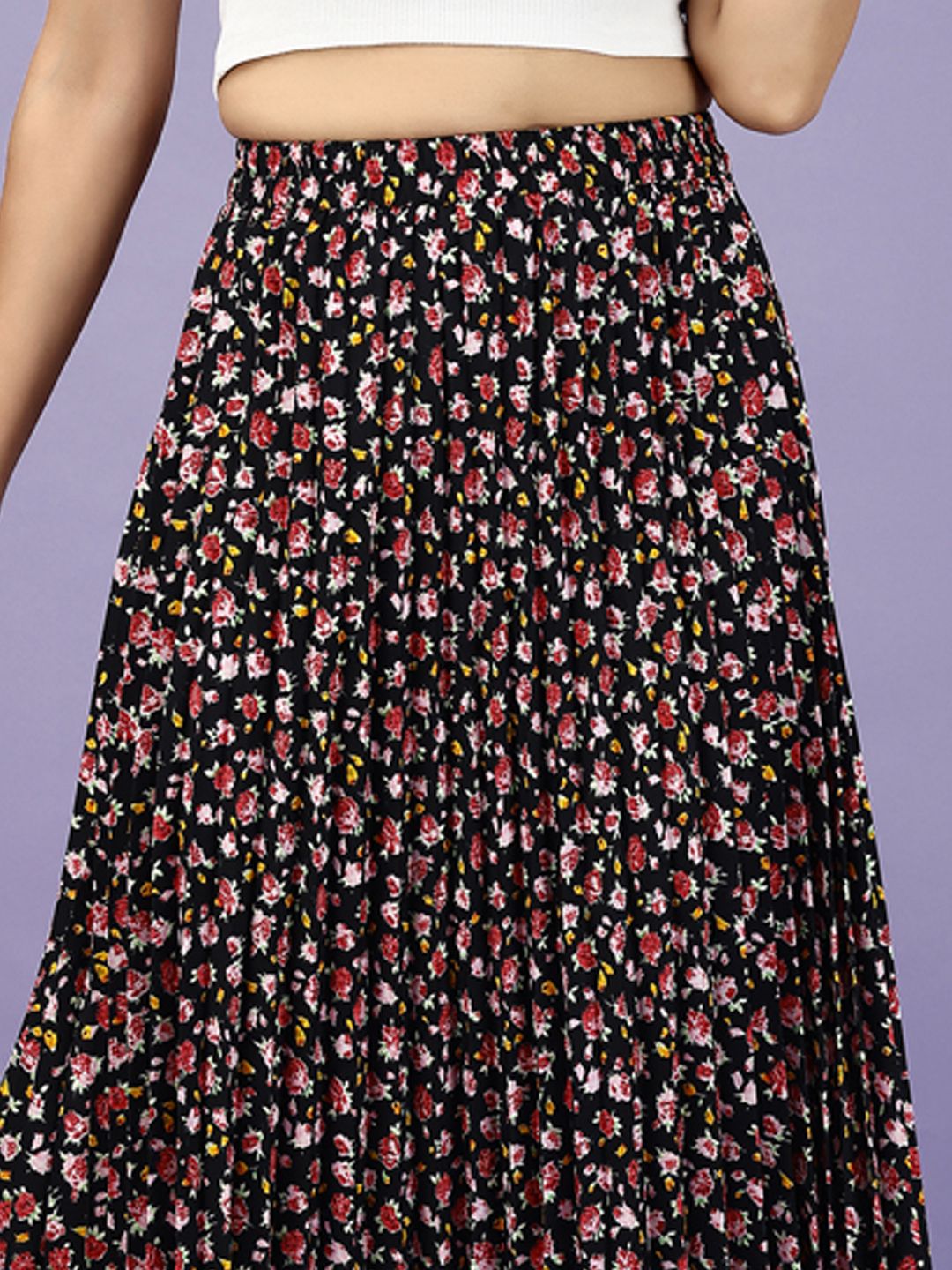 herway Women Floral Print A-line Black Skirt-picture-37