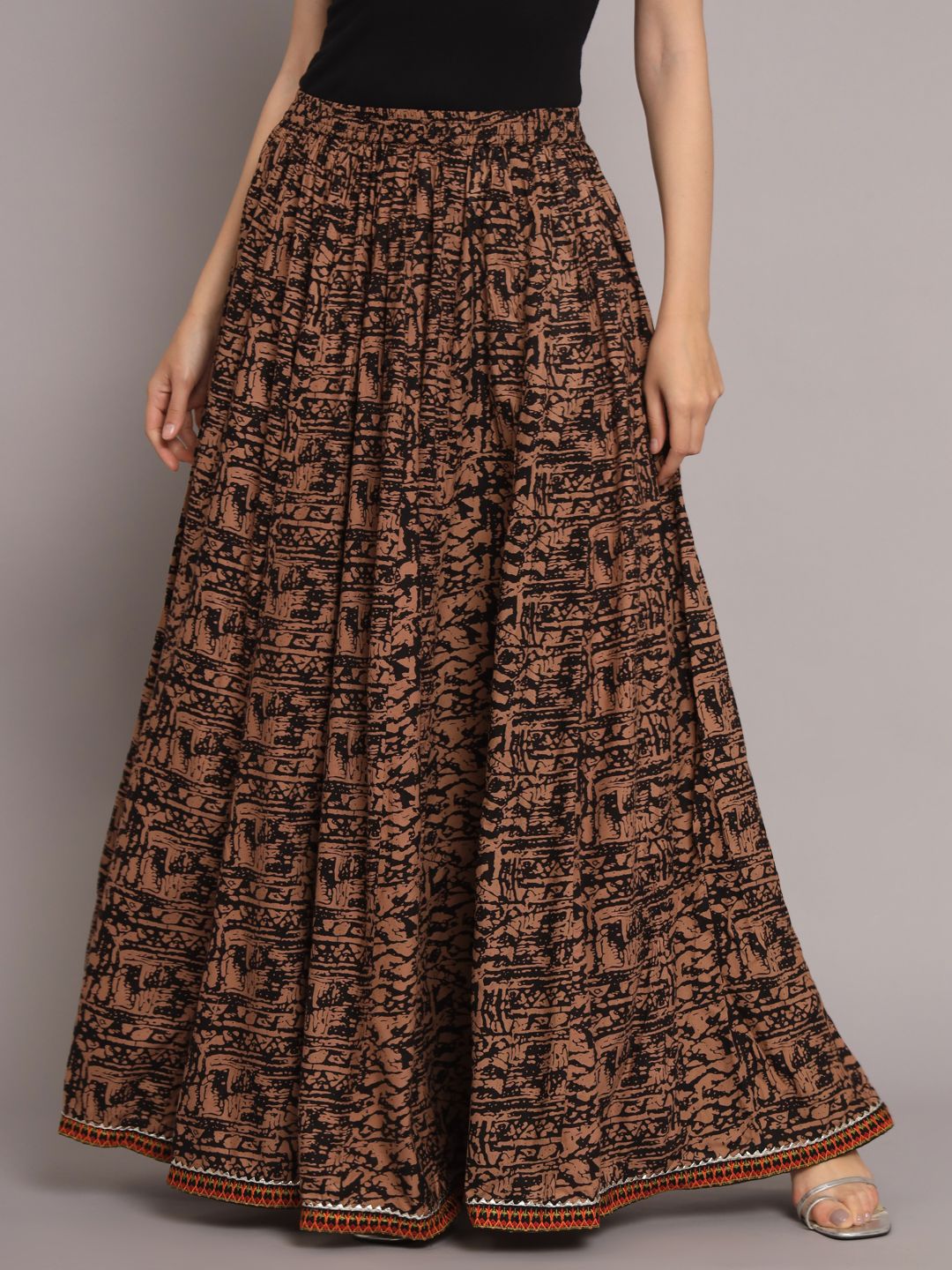 Women Printed Flared Brown Skirt
