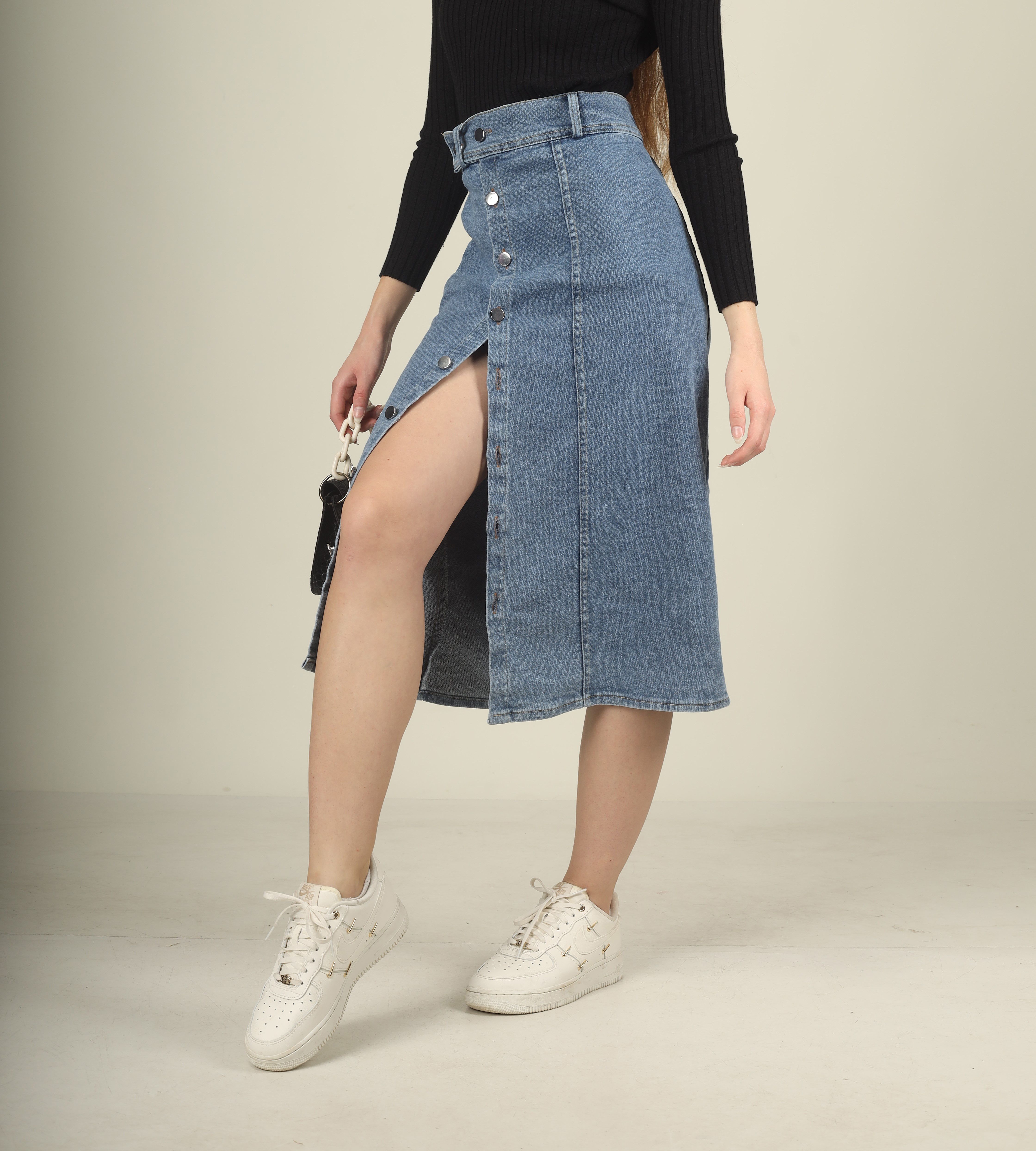 Women Solid Straight Light Blue Skirt-image-15