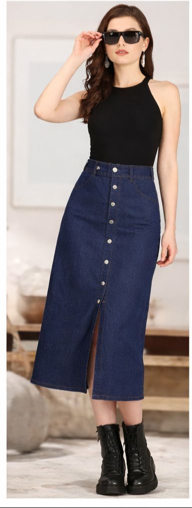 Women Solid A-line Dark Blue Skirt