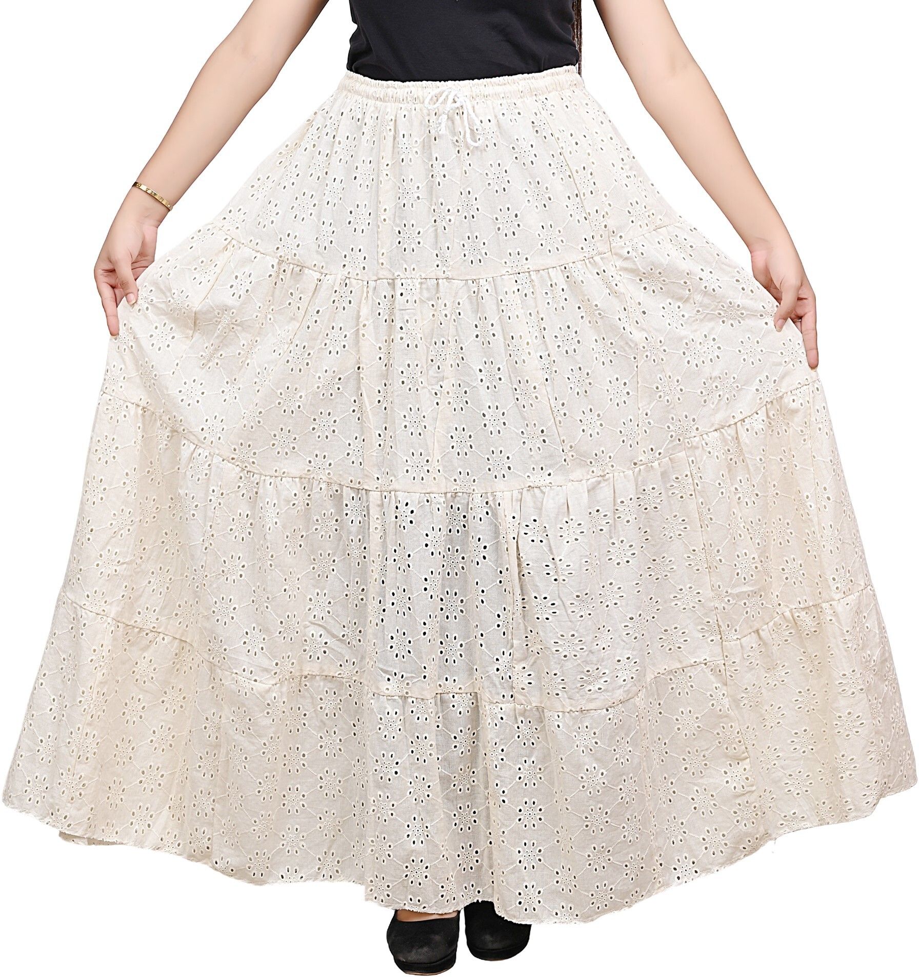 tvesa Women Embroidered Flared Beige Skirt-picture-10