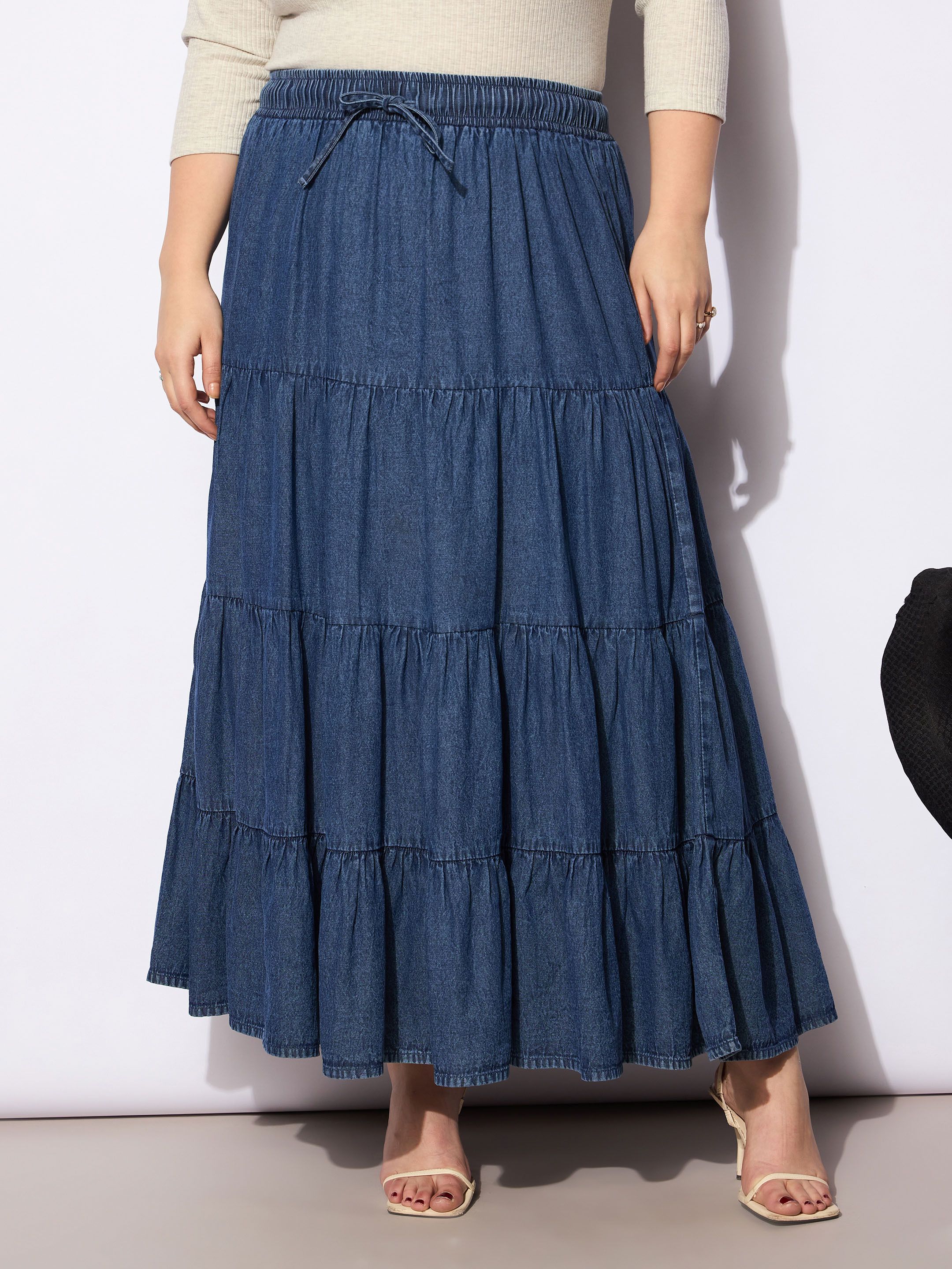 sassafras curve Women Solid Tiered Dark Blue Skirt-picture-19