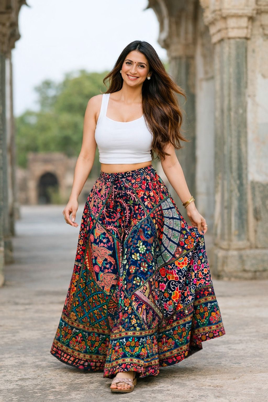 tongariya Women Printed Flared Maroon Skirt-picture-11