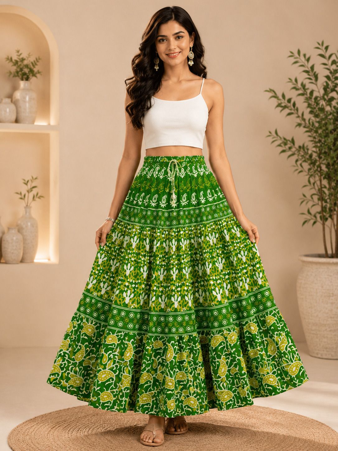 ruhvera Women Printed Flared Green Skirt-picture-33