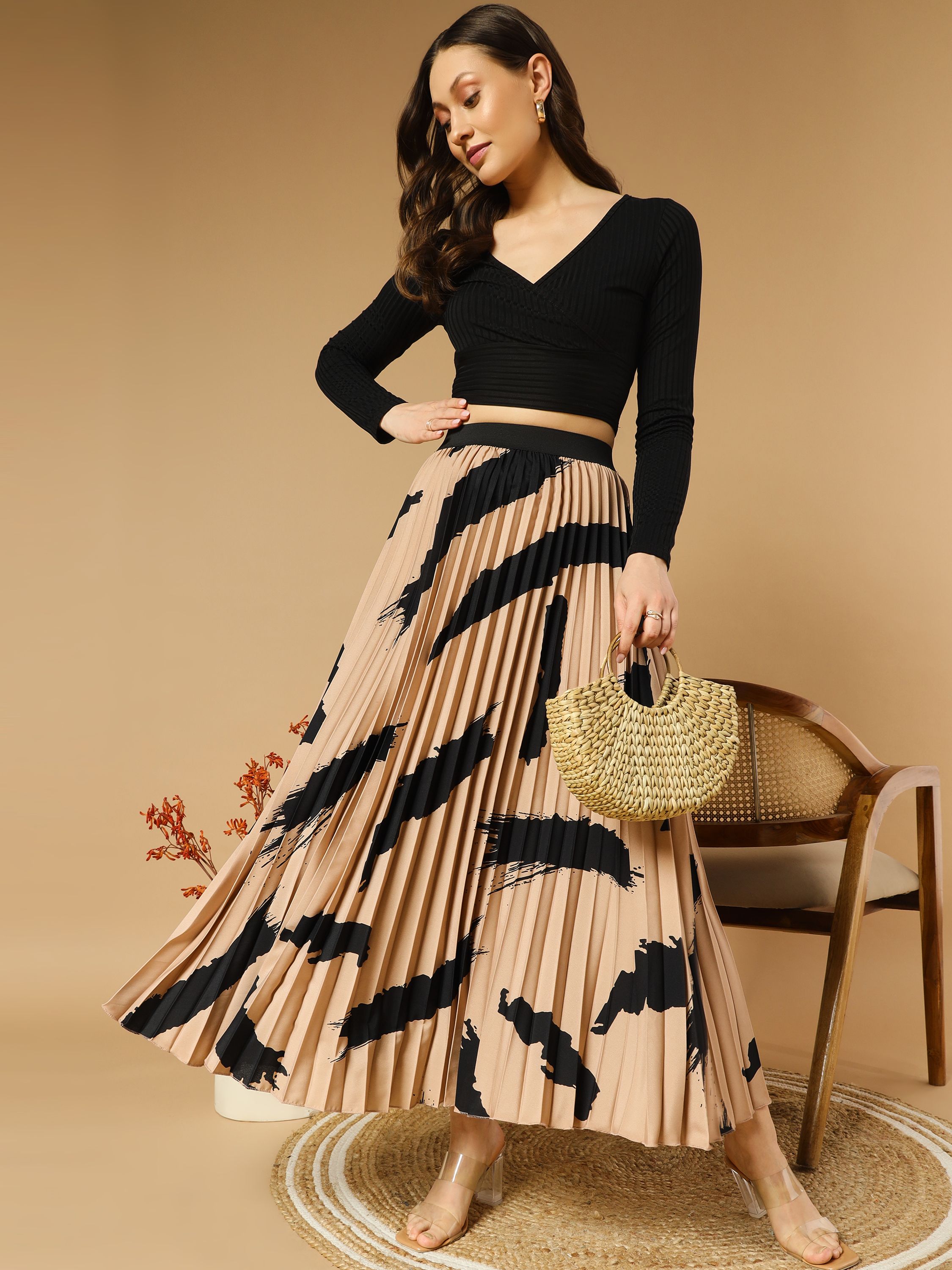 Women Printed Pleated Beige Skirt-image-49