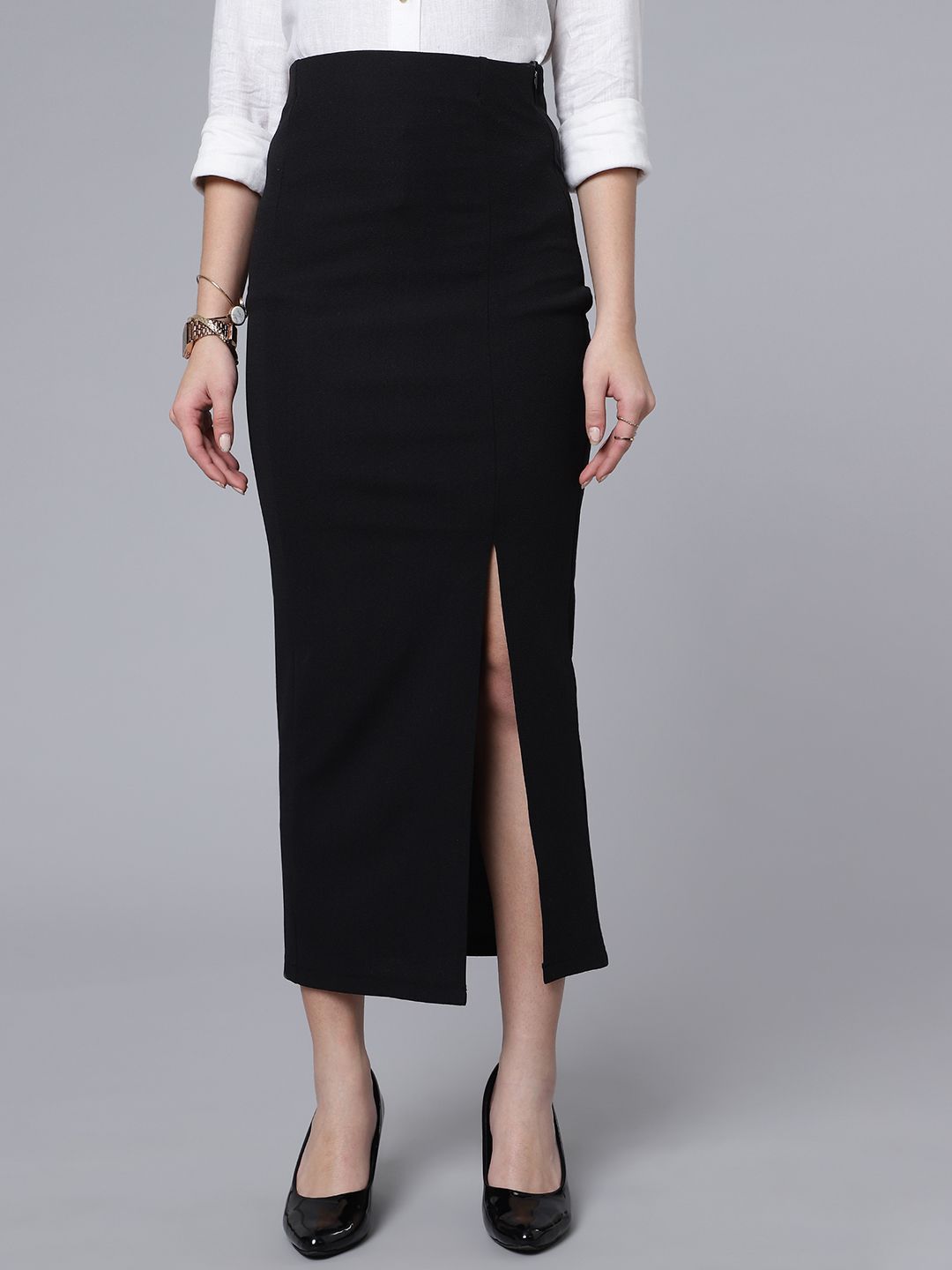 Women Solid Pencil Black Skirt-image-30