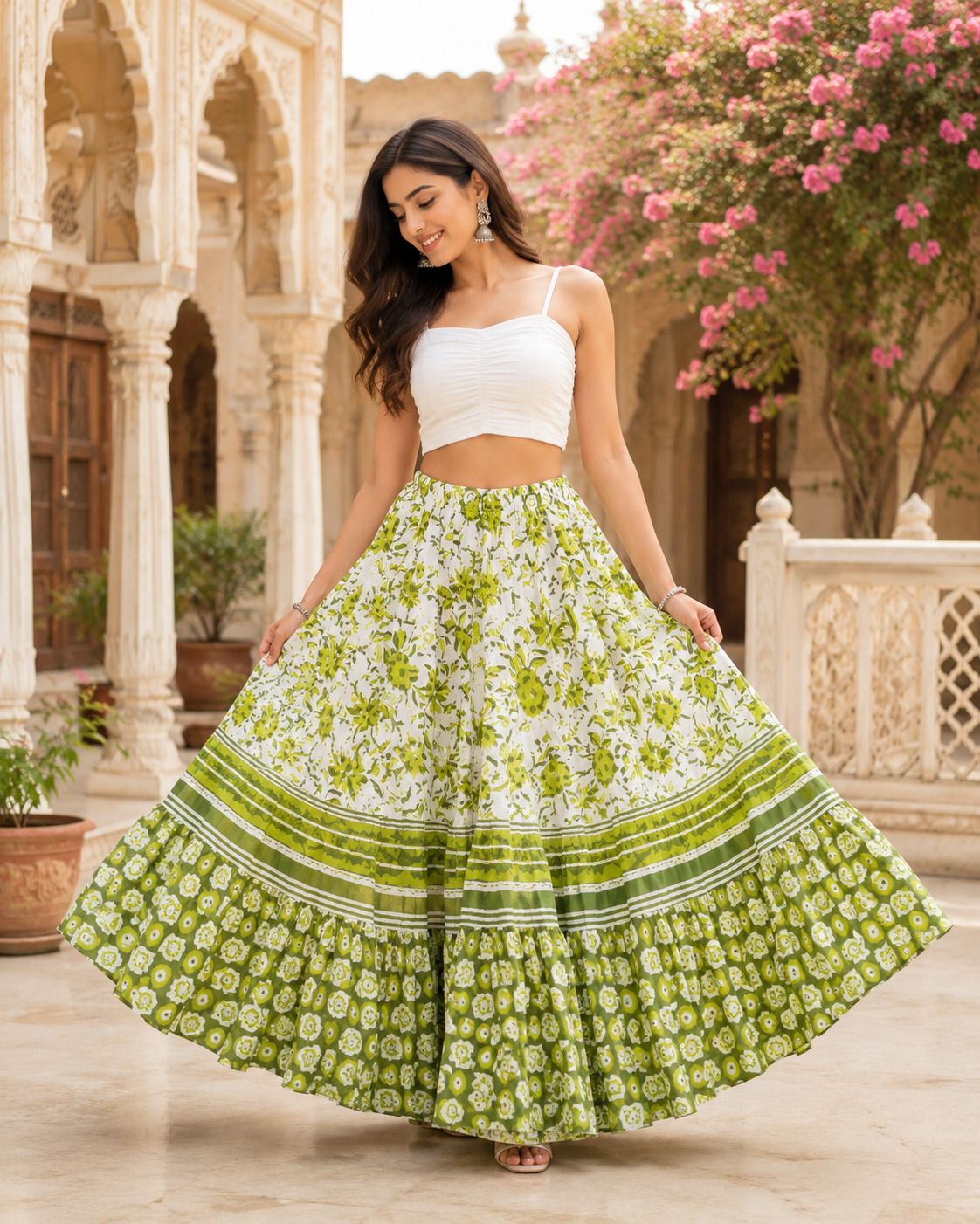 ruhvera Women Printed Flared Green Skirt-picture-4