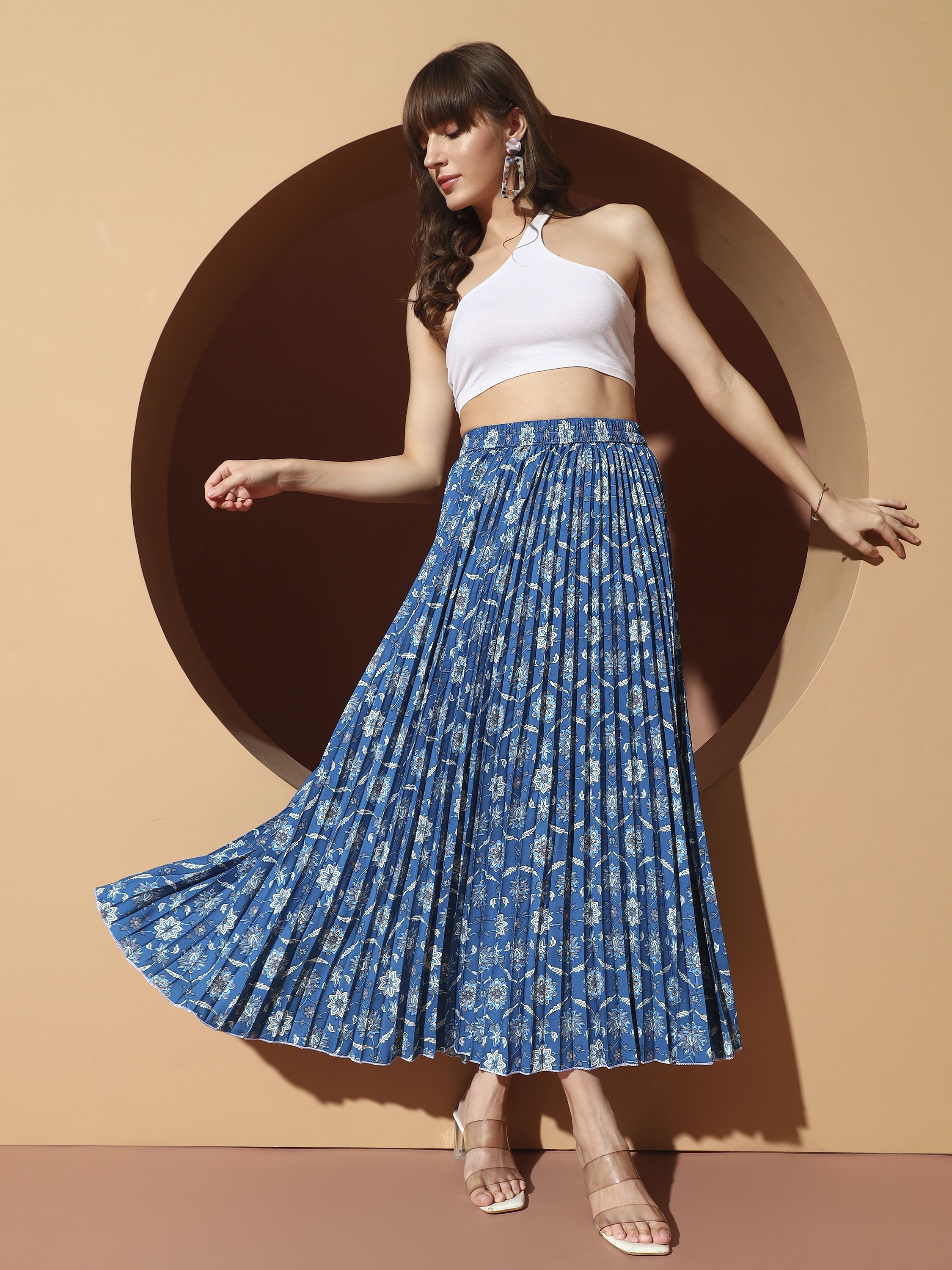 lookshine Women Printed Pleated Blue Skirt-picture-11