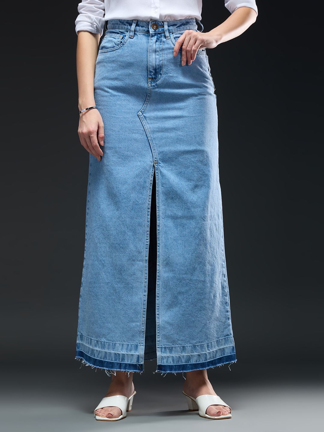 Women Solid Straight Light Blue Skirt-image-30
