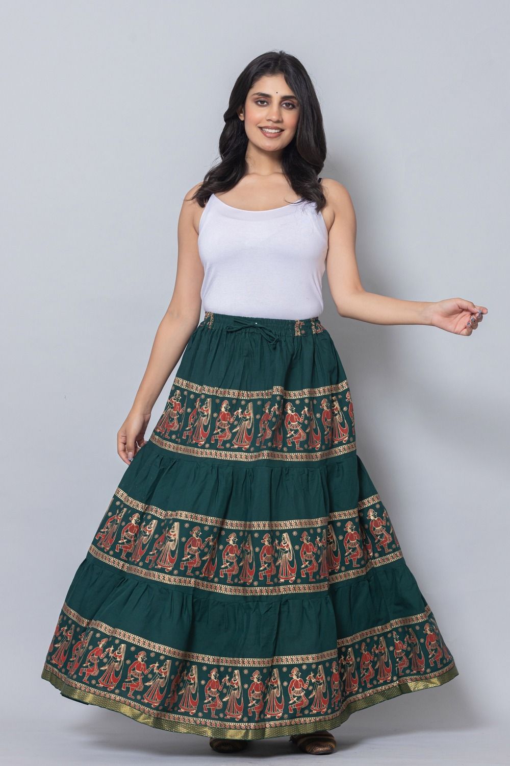 shrikaryai Women Printed Tiered Green Skirt-picture-55