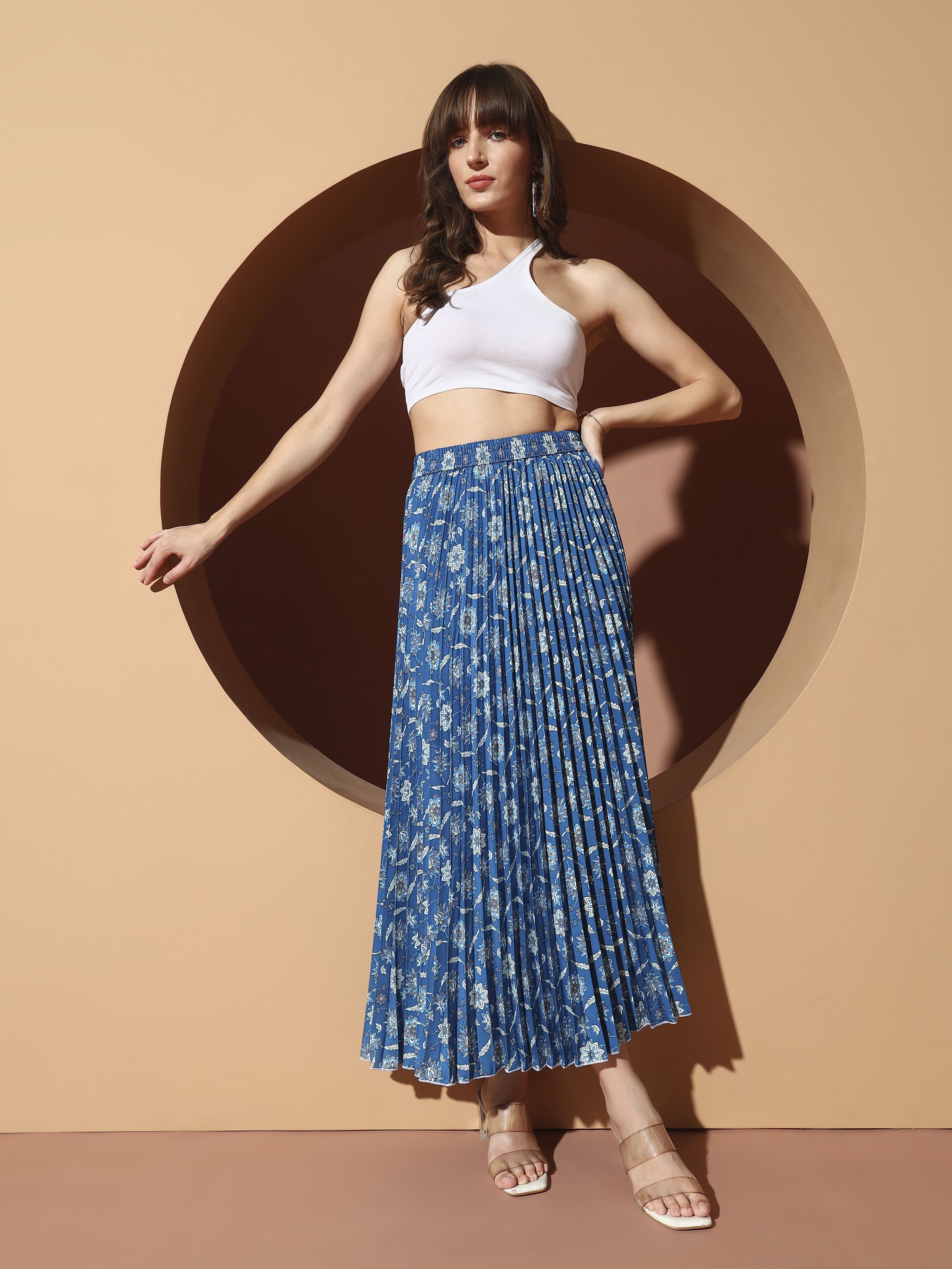 Women Printed Pleated Blue Skirt