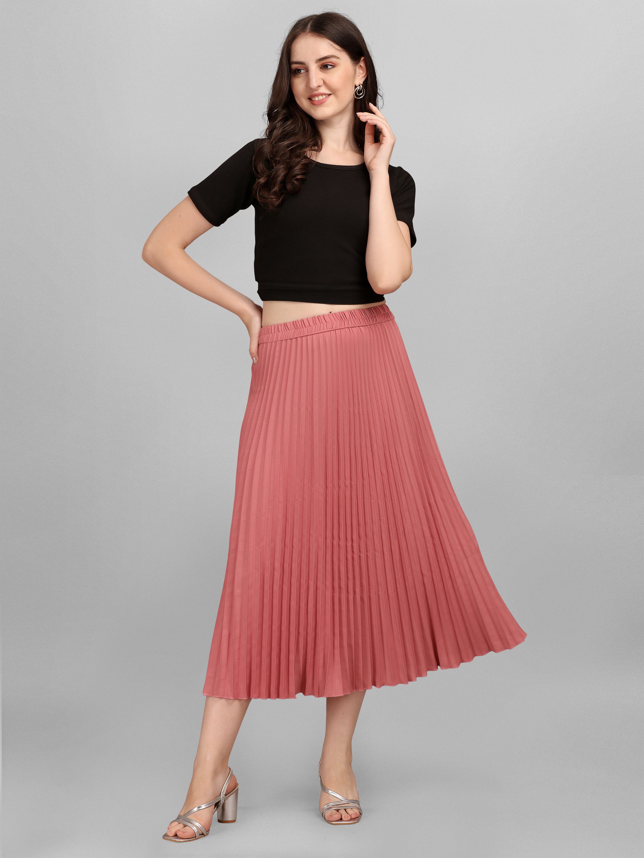 zwerlon Women Solid Pleated Pink Skirt-picture-46