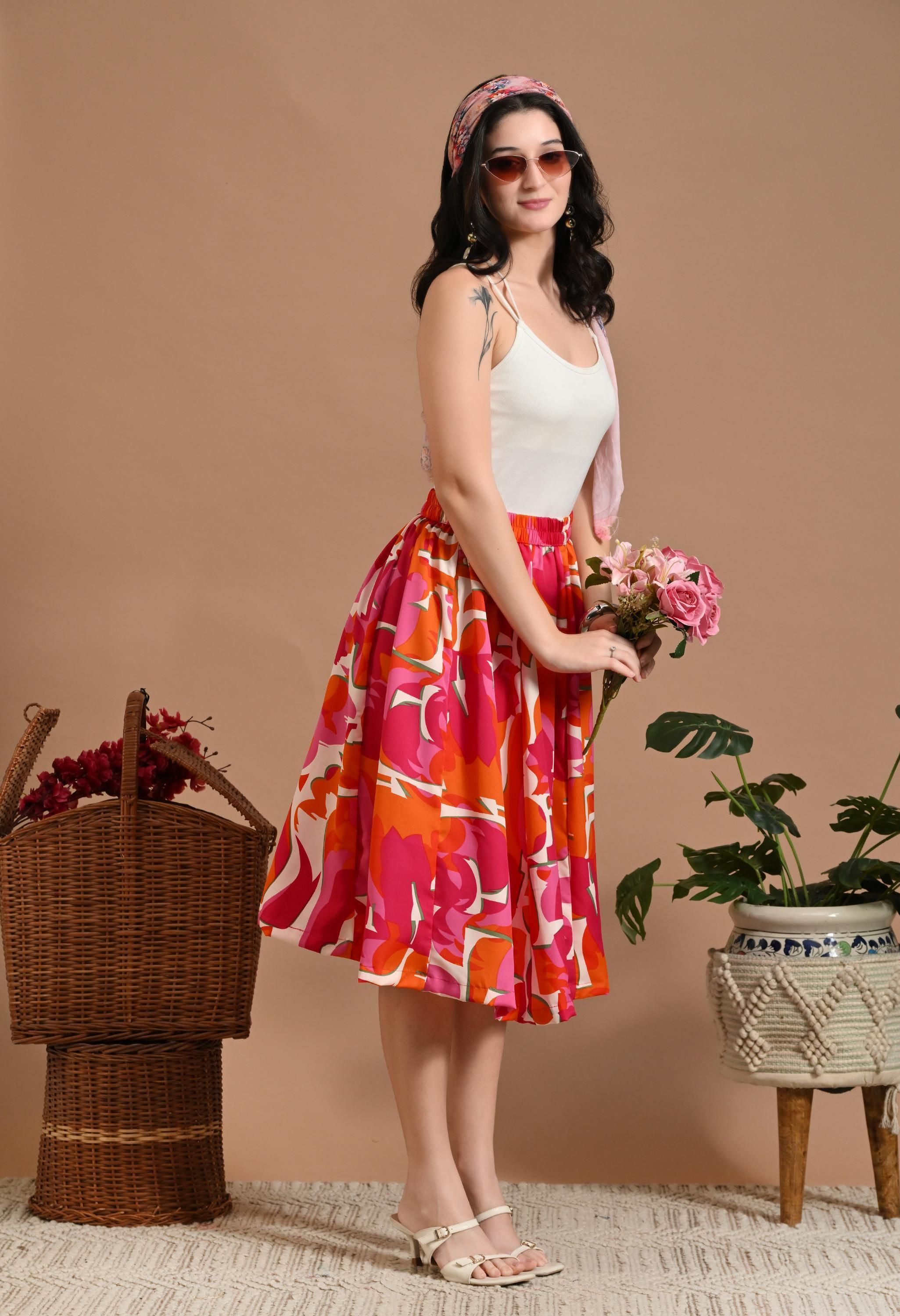 Women Printed Regular Red Skirt-image-2